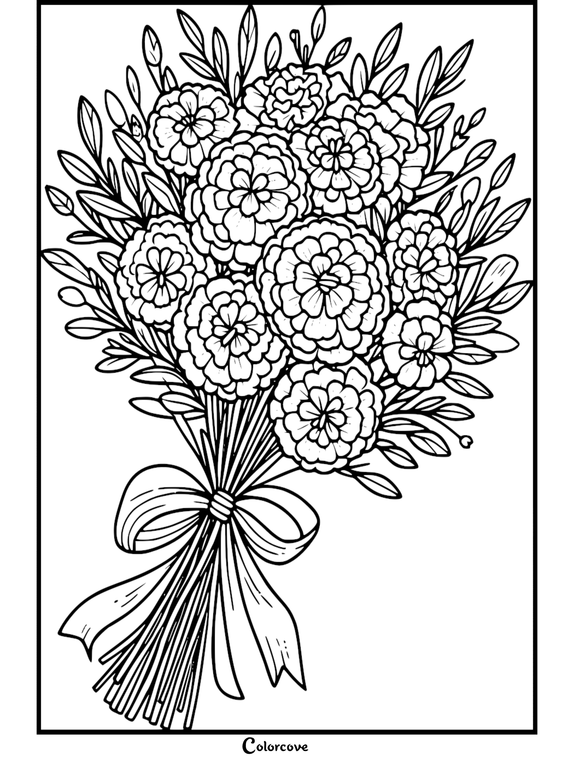 Bouquet of flowers coloring page with intricate details and ribbon, perfect for relaxation and creative fun.