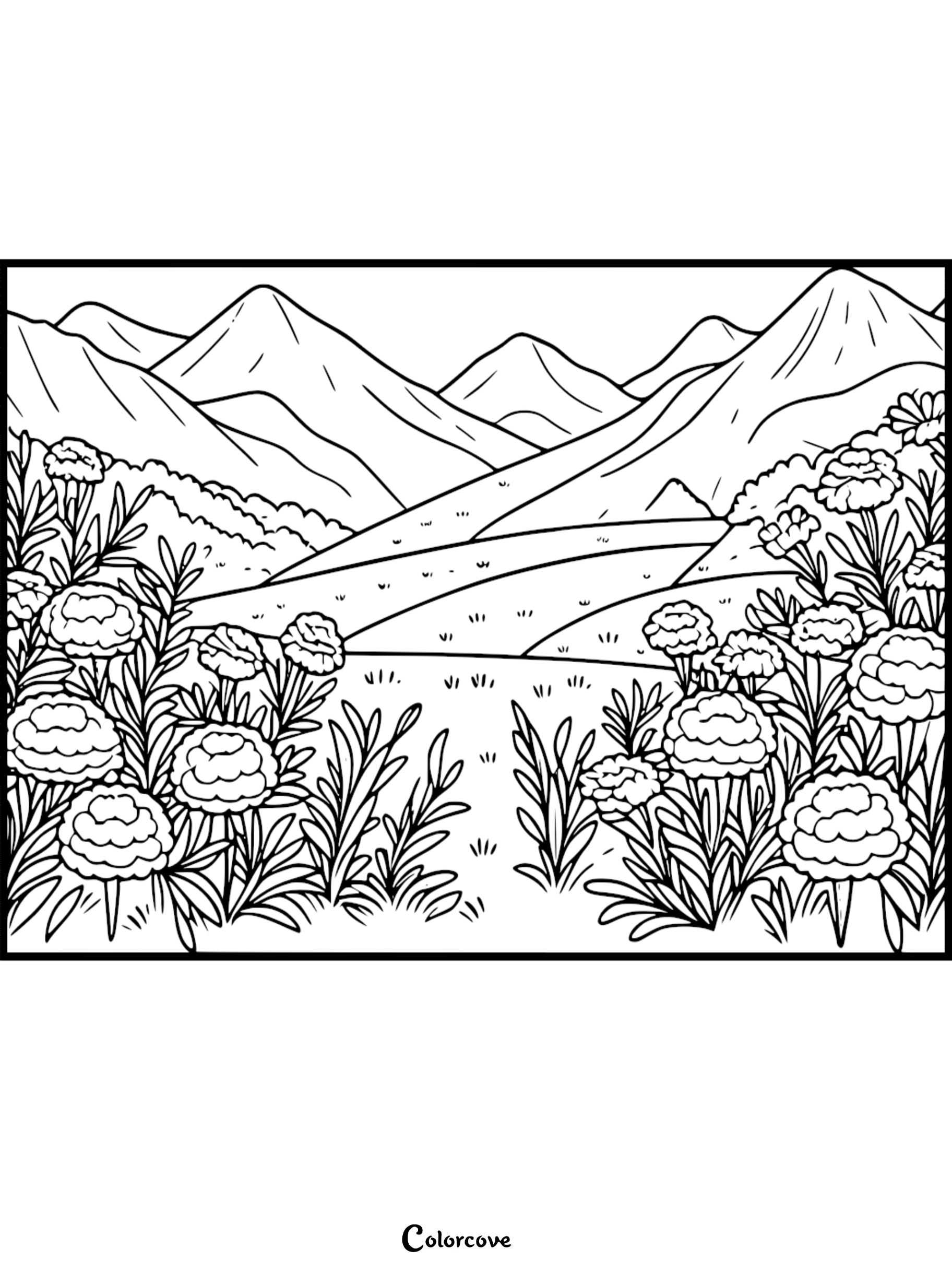 Coloring page with a scenic landscape of mountains and flowers. Ideal for relaxing creative activities.