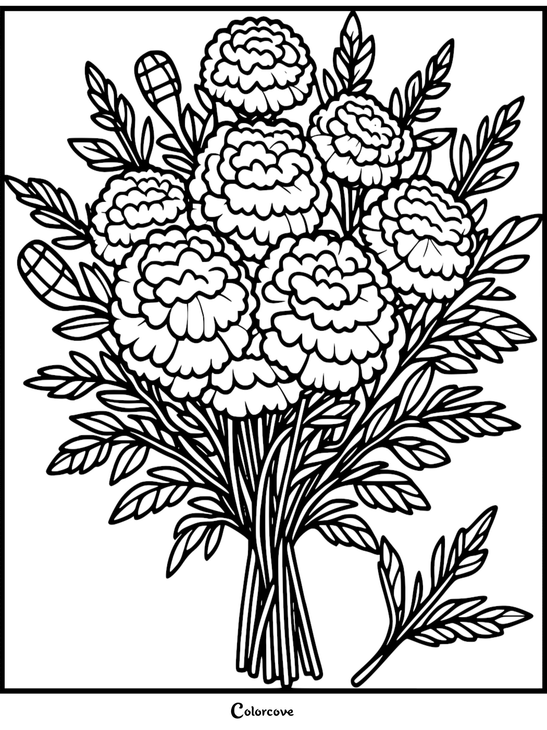 Floral coloring page featuring intricately detailed blooming flowers and leaves for creative coloring fun.
