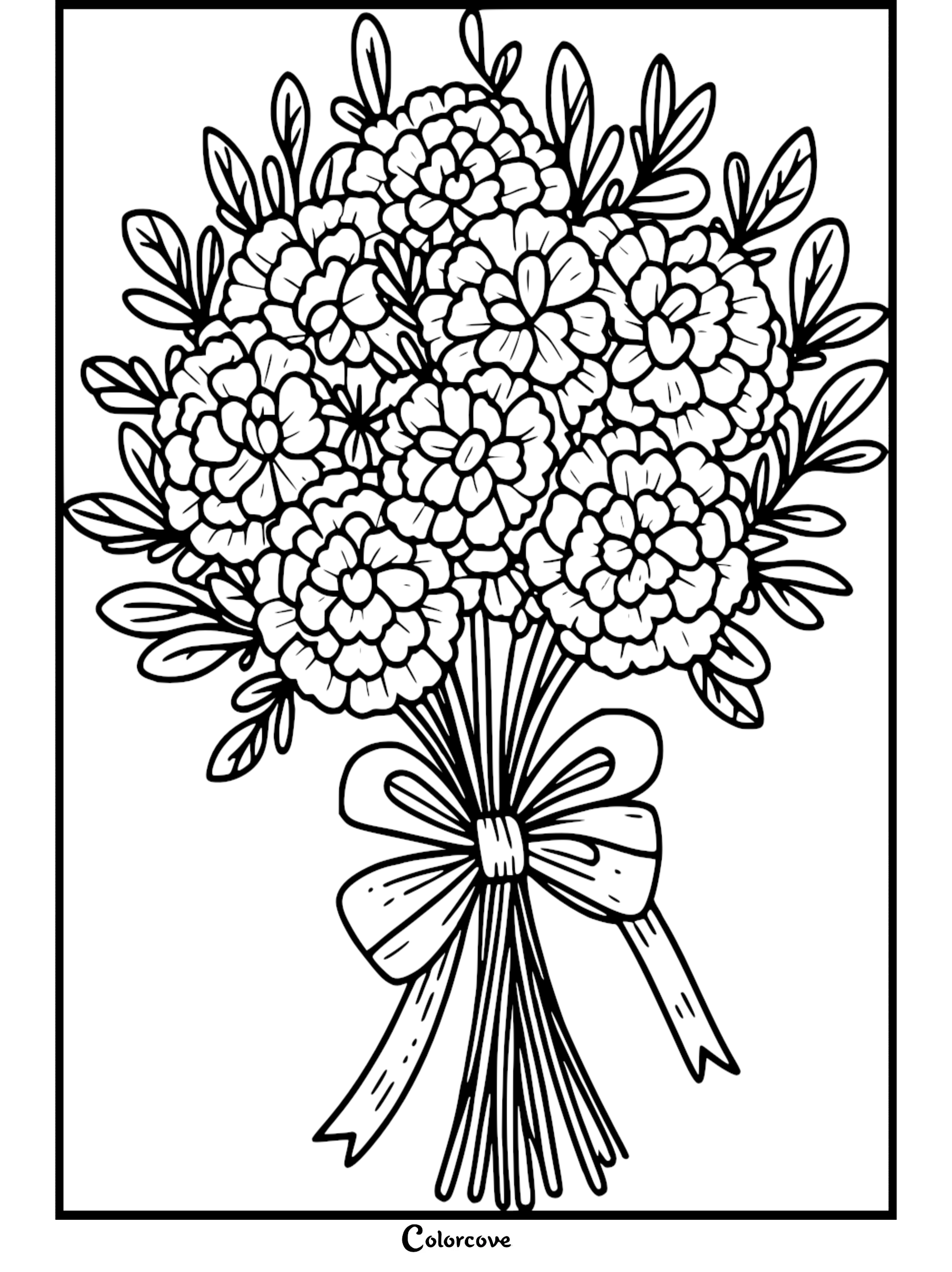 Floral bouquet coloring page with a ribbon, featuring intricate flower and leaf designs. Perfect for relaxation and creativity.