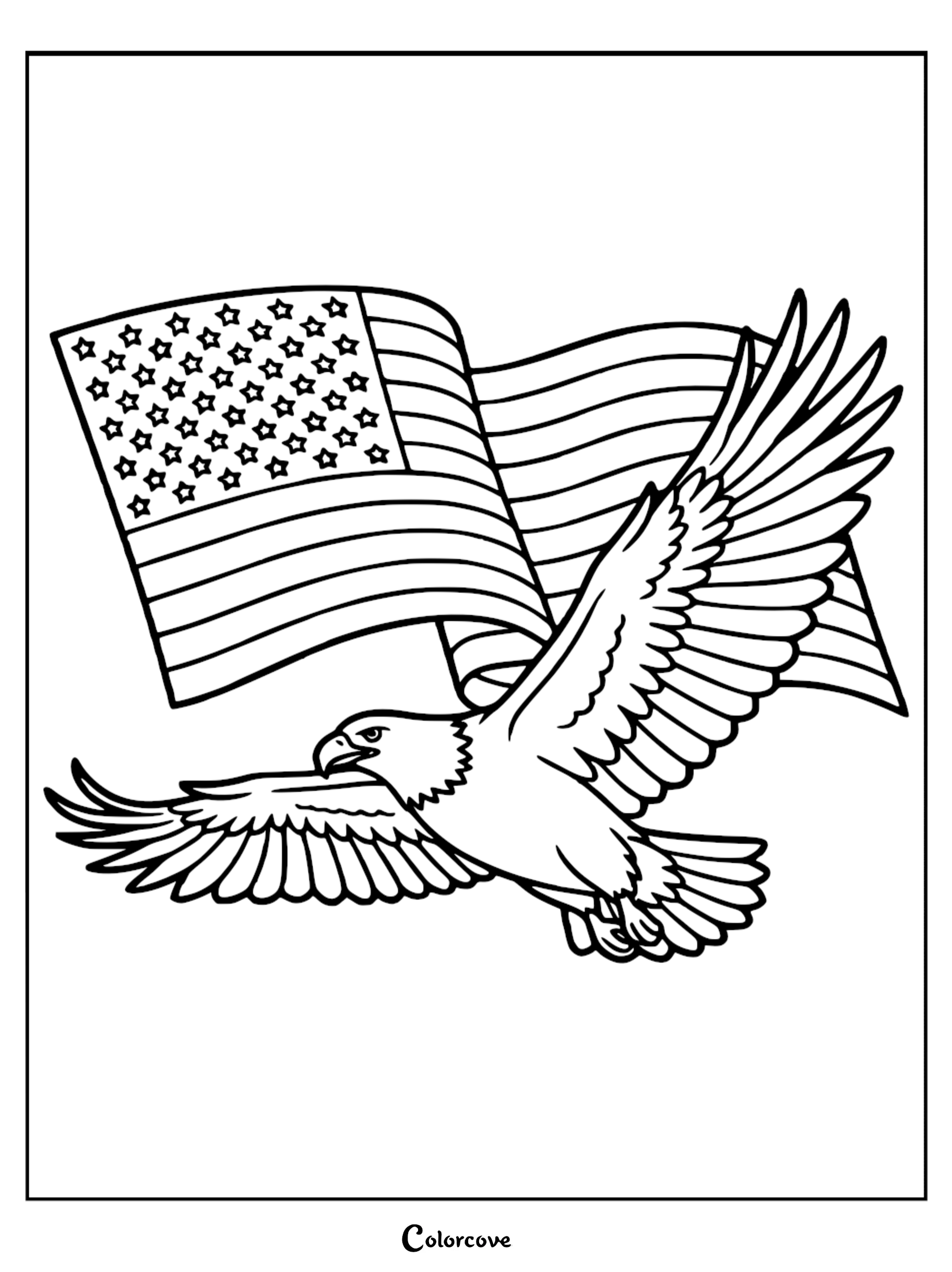 A majestic bald eagle flying in front of an American flag for a patriotic coloring page