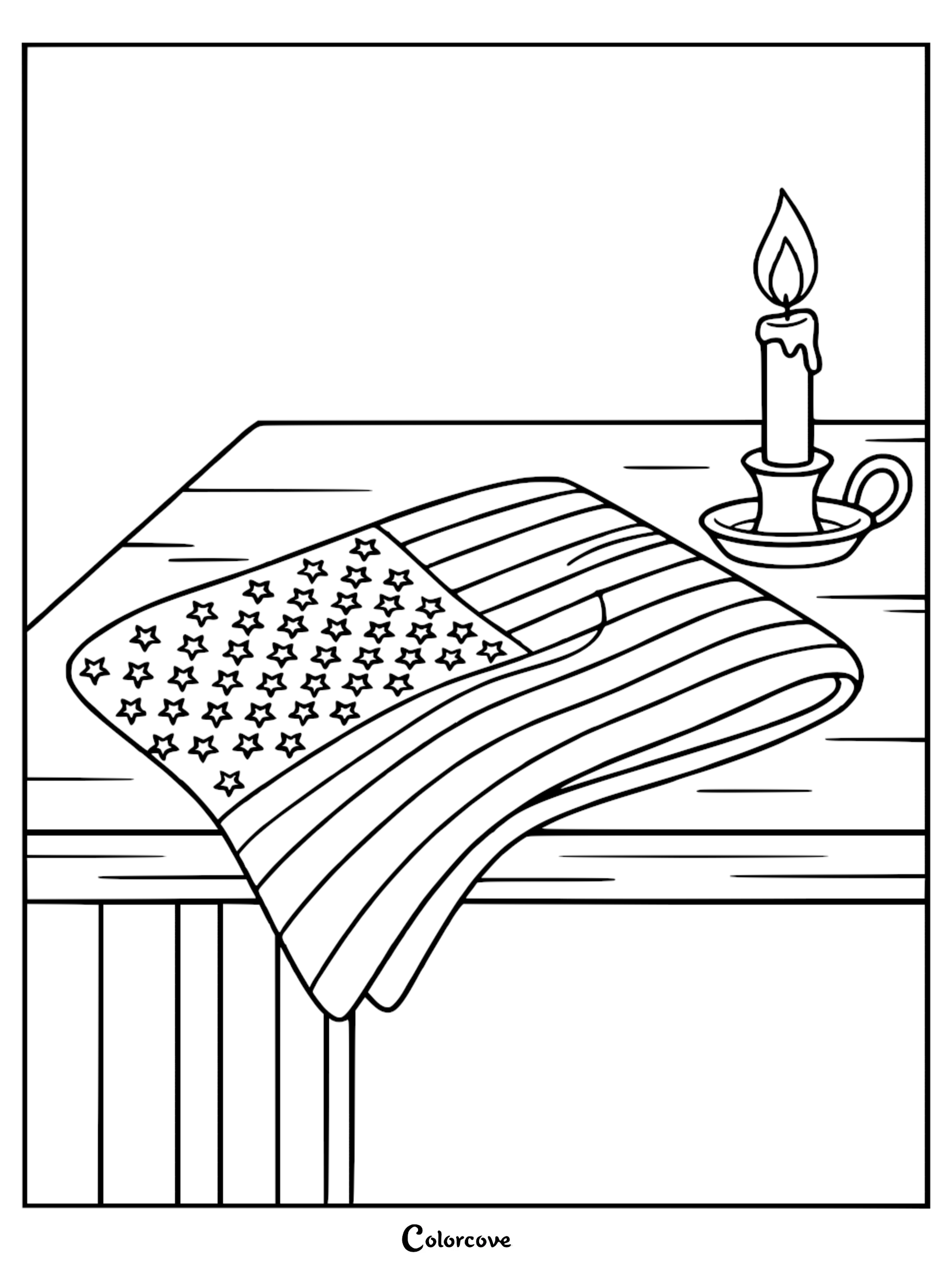 Patriotic coloring page featuring a folded American flag on a table next to a lit candle, perfect for Independence Day or Memorial Day activities.