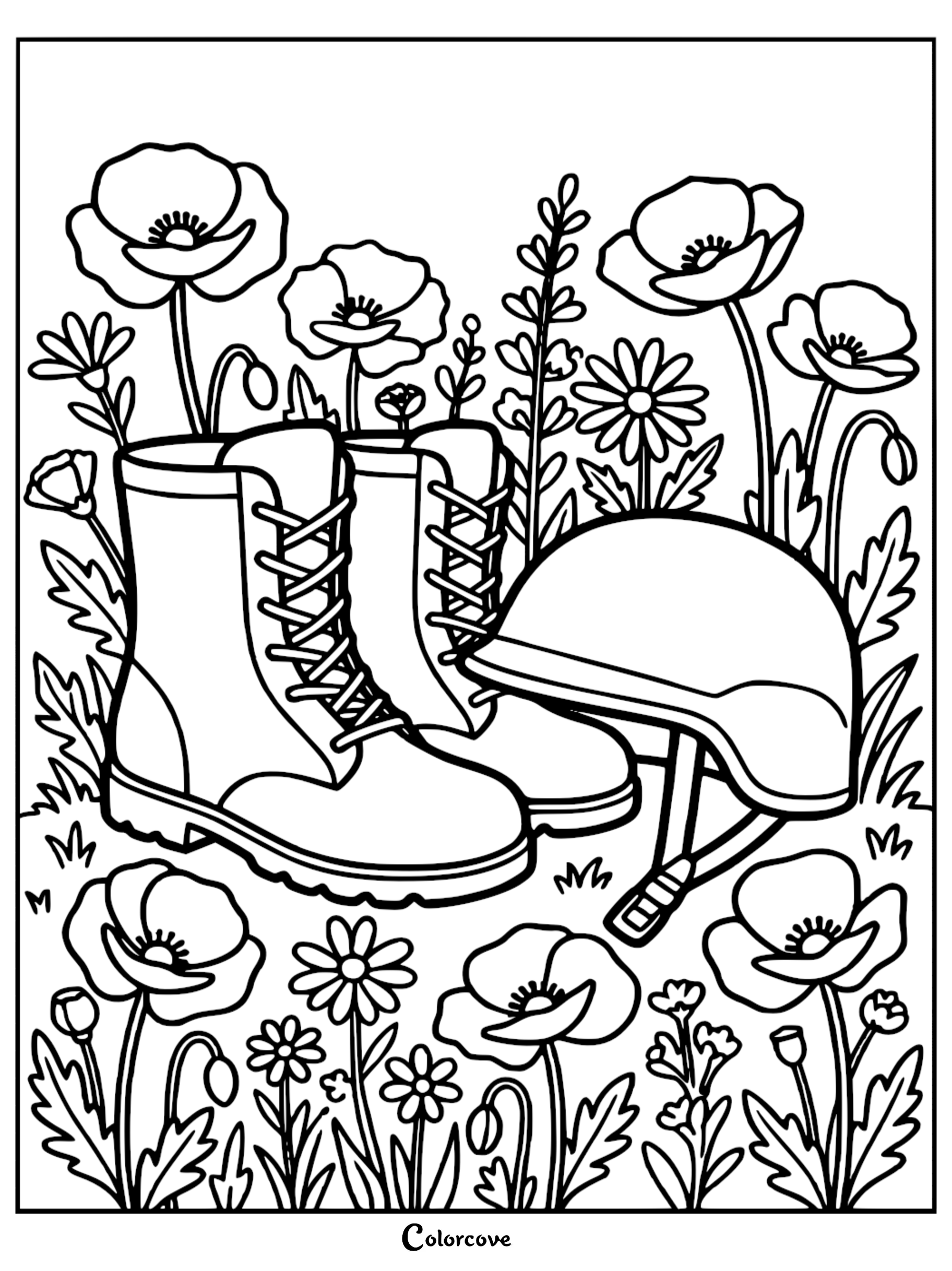A detailed coloring page featuring military combat boots and a helmet resting in a field of poppies and wildflowers, perfect for Remembrance Day activities.