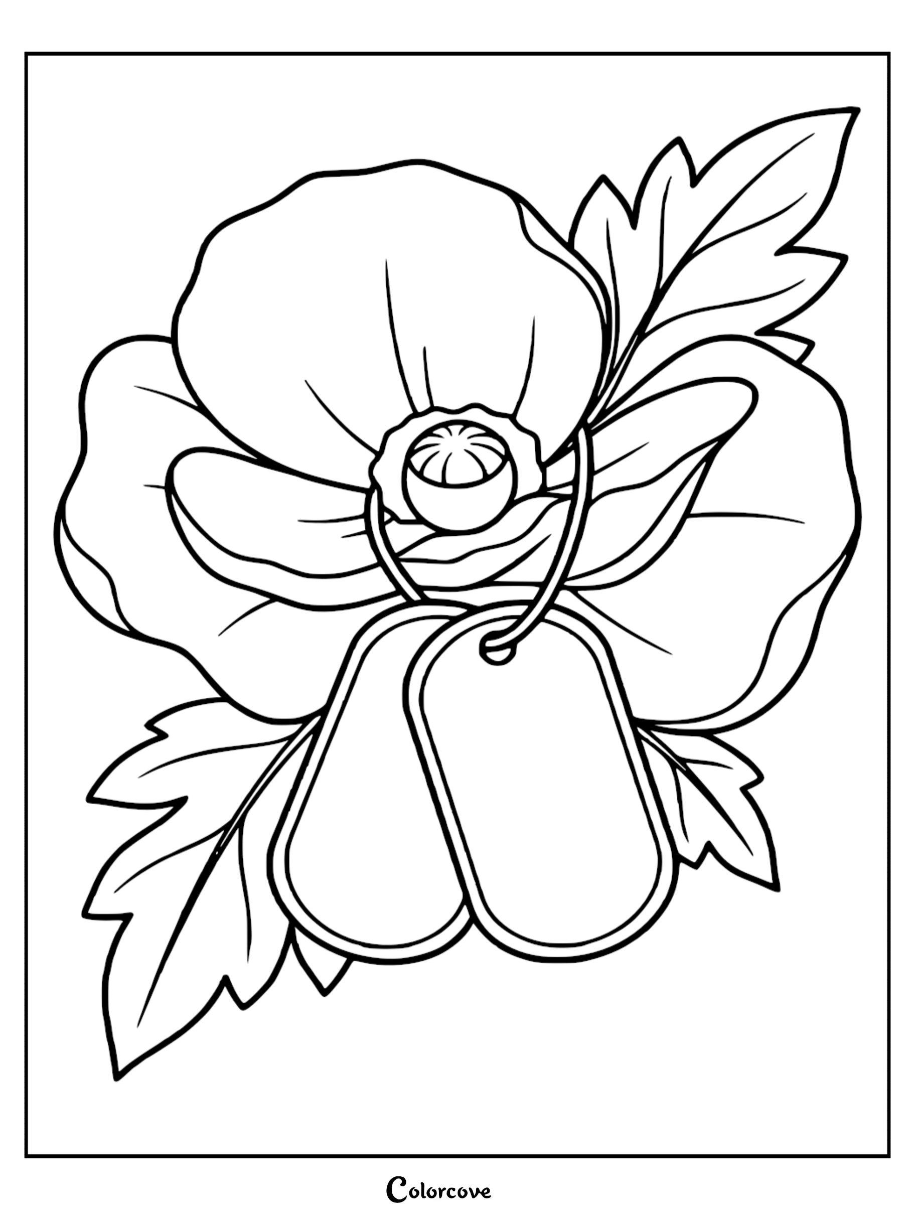 A beautiful black and white line art drawing of a poppy flower intertwined with military dog tags for Memorial Day or Veterans Day coloring activities.