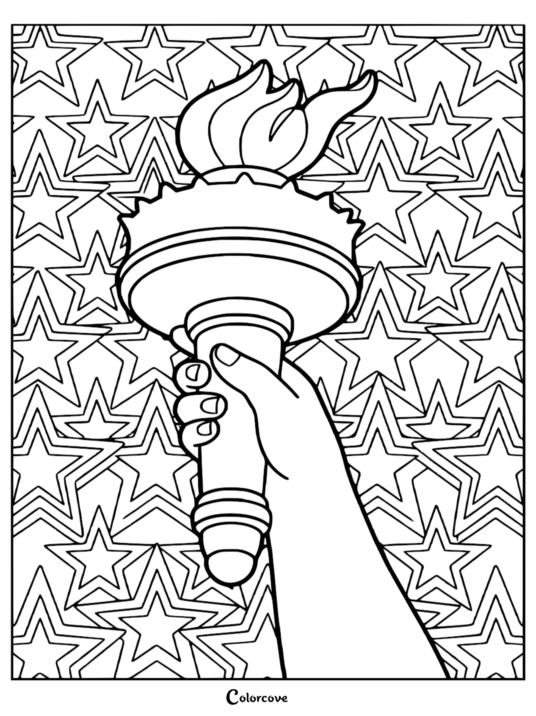 A printable Statue of Liberty torch coloring page with a patriotic star background for kids and adults.