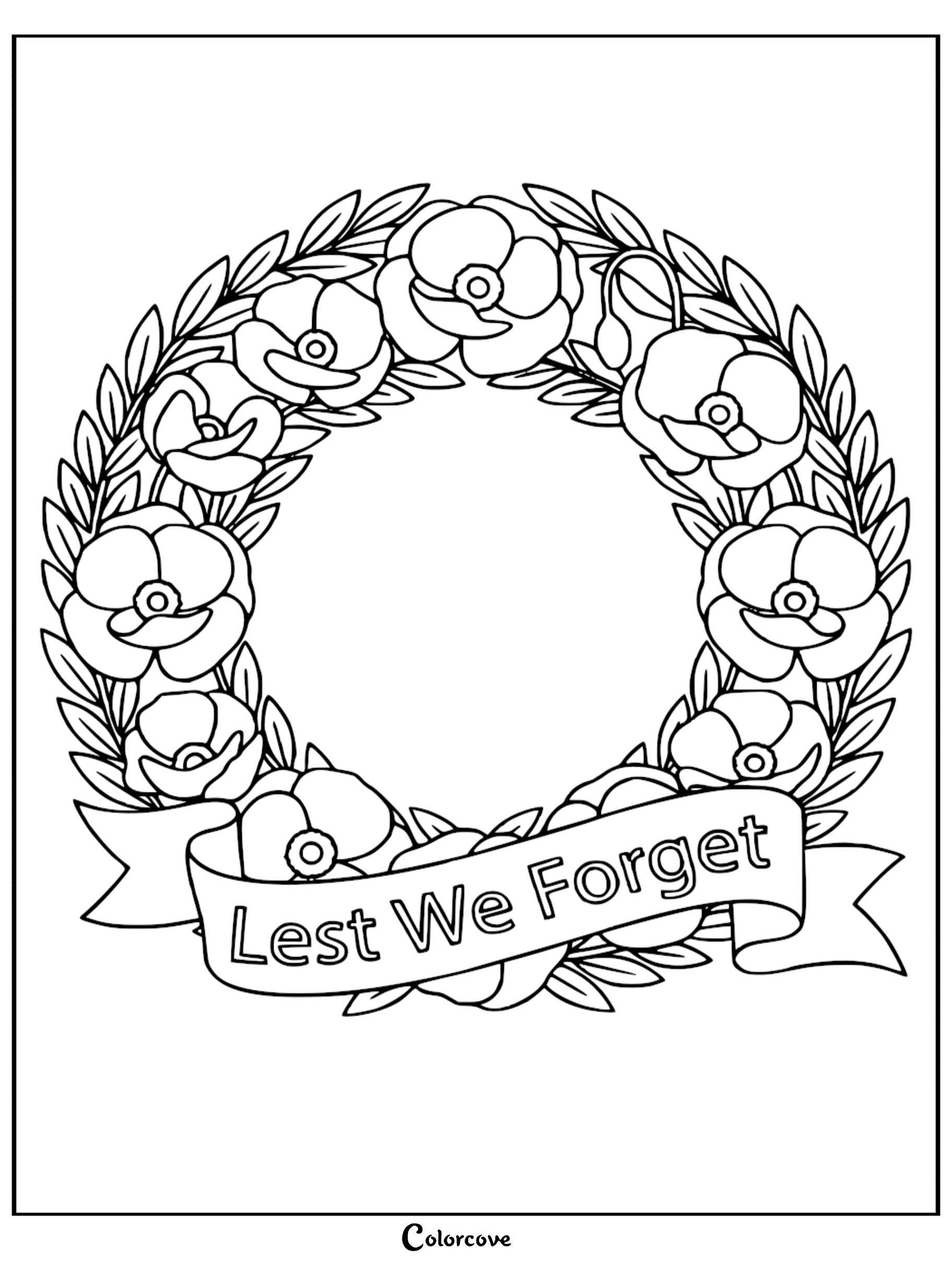A beautiful poppy flower wreath coloring page with a Lest We Forget banner for Remembrance Day activities.