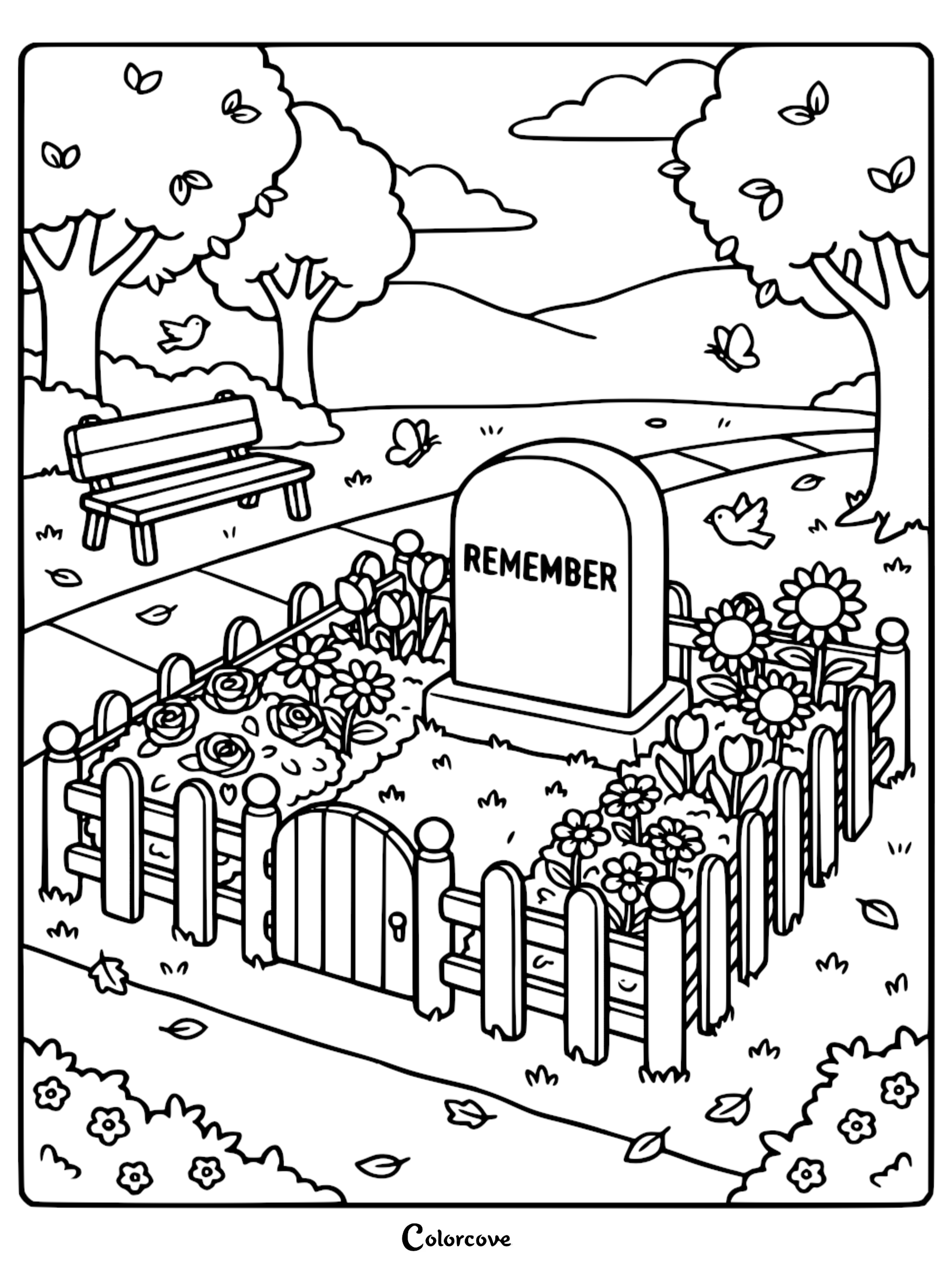 A printable coloring page featuring a memorial tombstone with the word REMEMBER inside a fenced-in garden with flowers, trees, and a park bench.