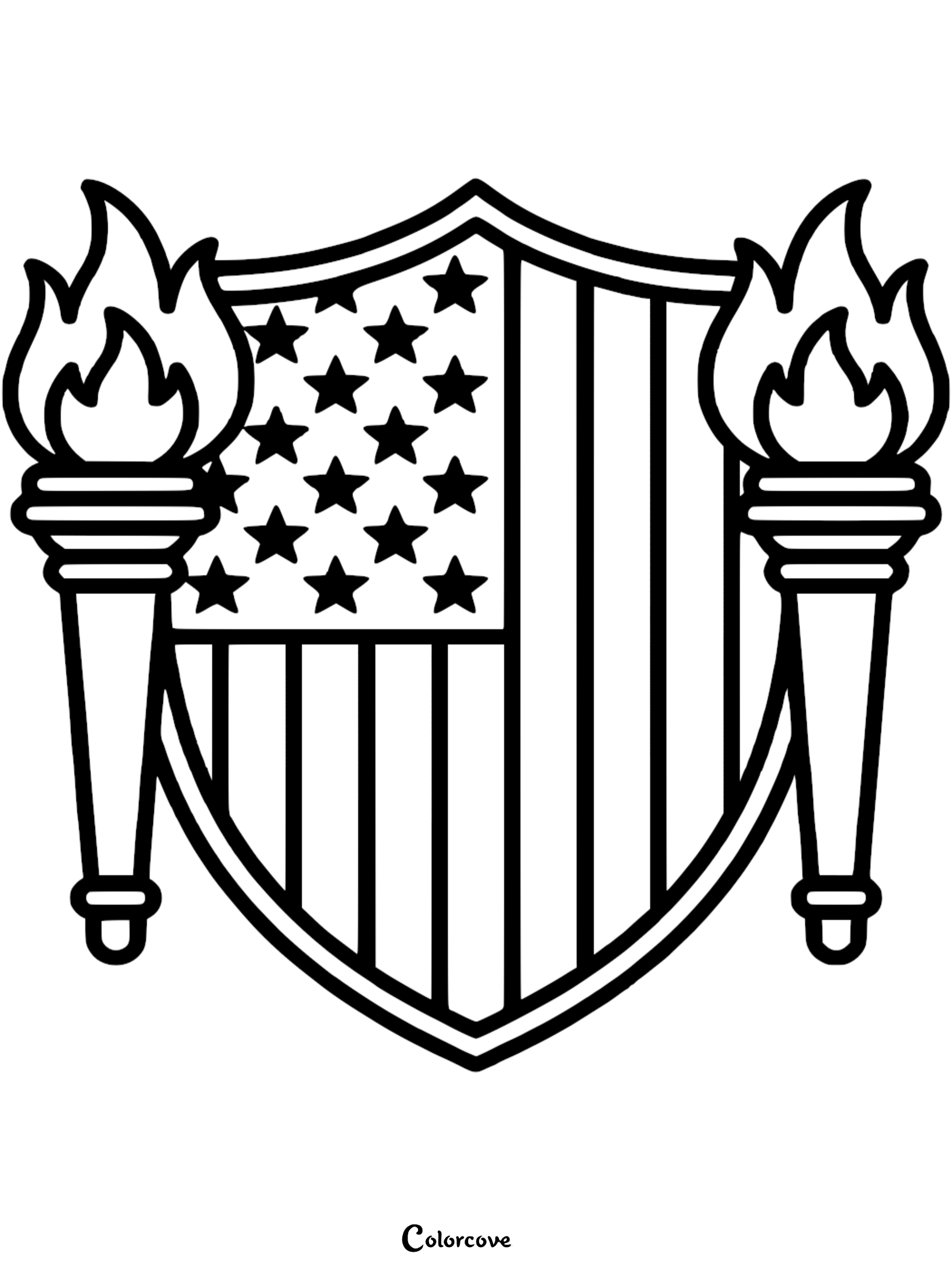 A detailed coloring page featuring an American flag shield flanked by two flaming torches, perfect for patriotic activities and classroom projects.