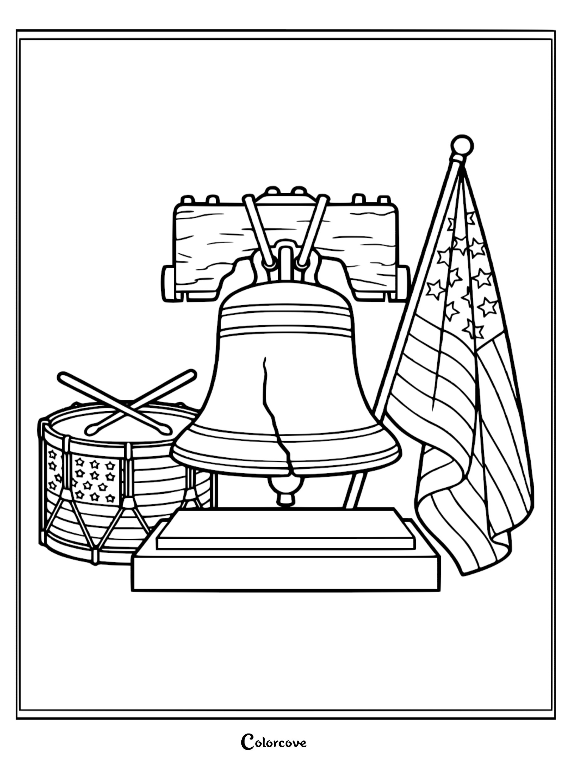 A printable patriotic coloring page featuring the Liberty Bell, an American flag, and a drum for Independence Day or historical lessons.