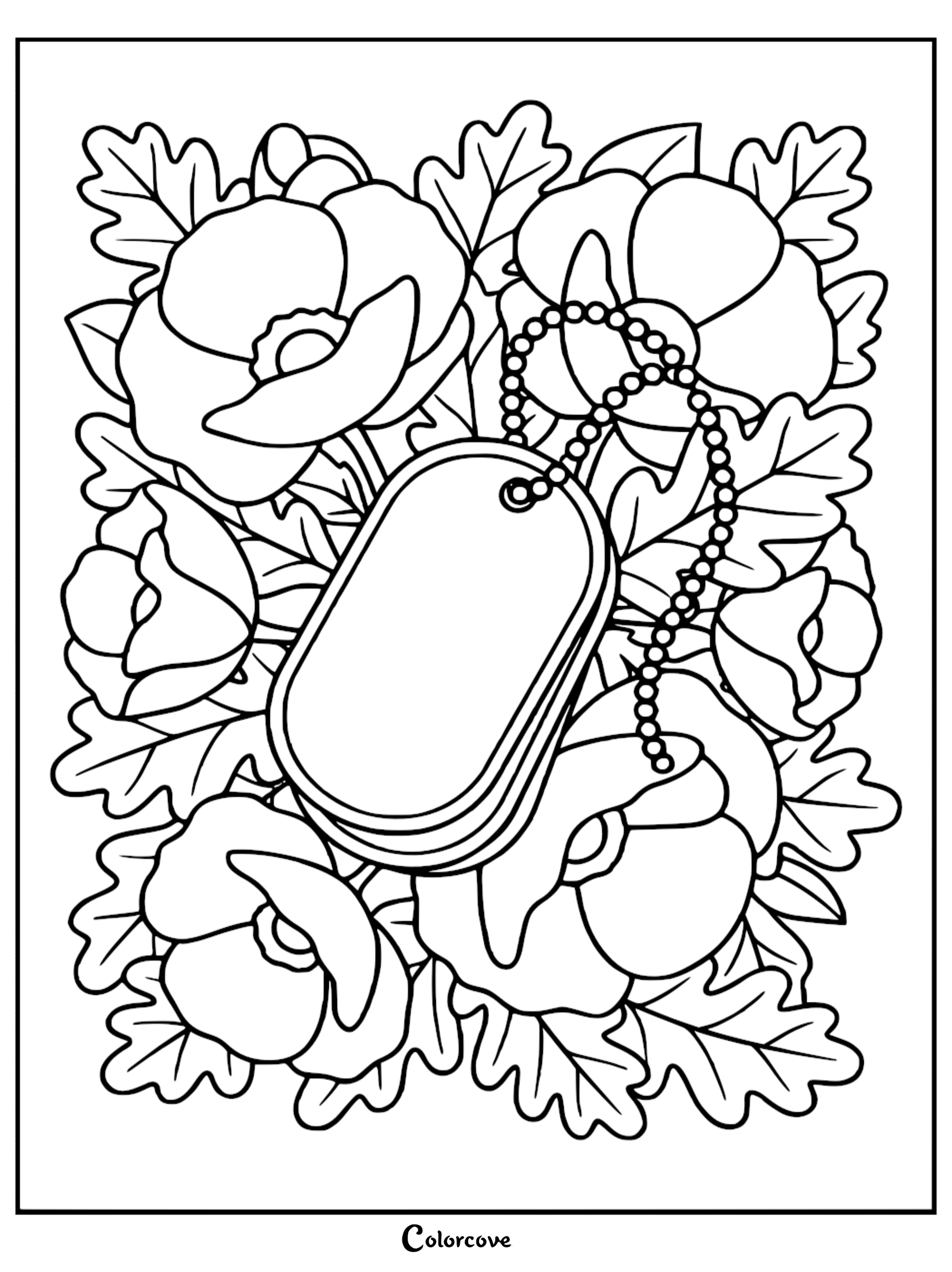 A detailed coloring page featuring military dog tags resting on a background of remembrance poppies and oak leaves, perfect for Veterans Day or Memorial Day activities.