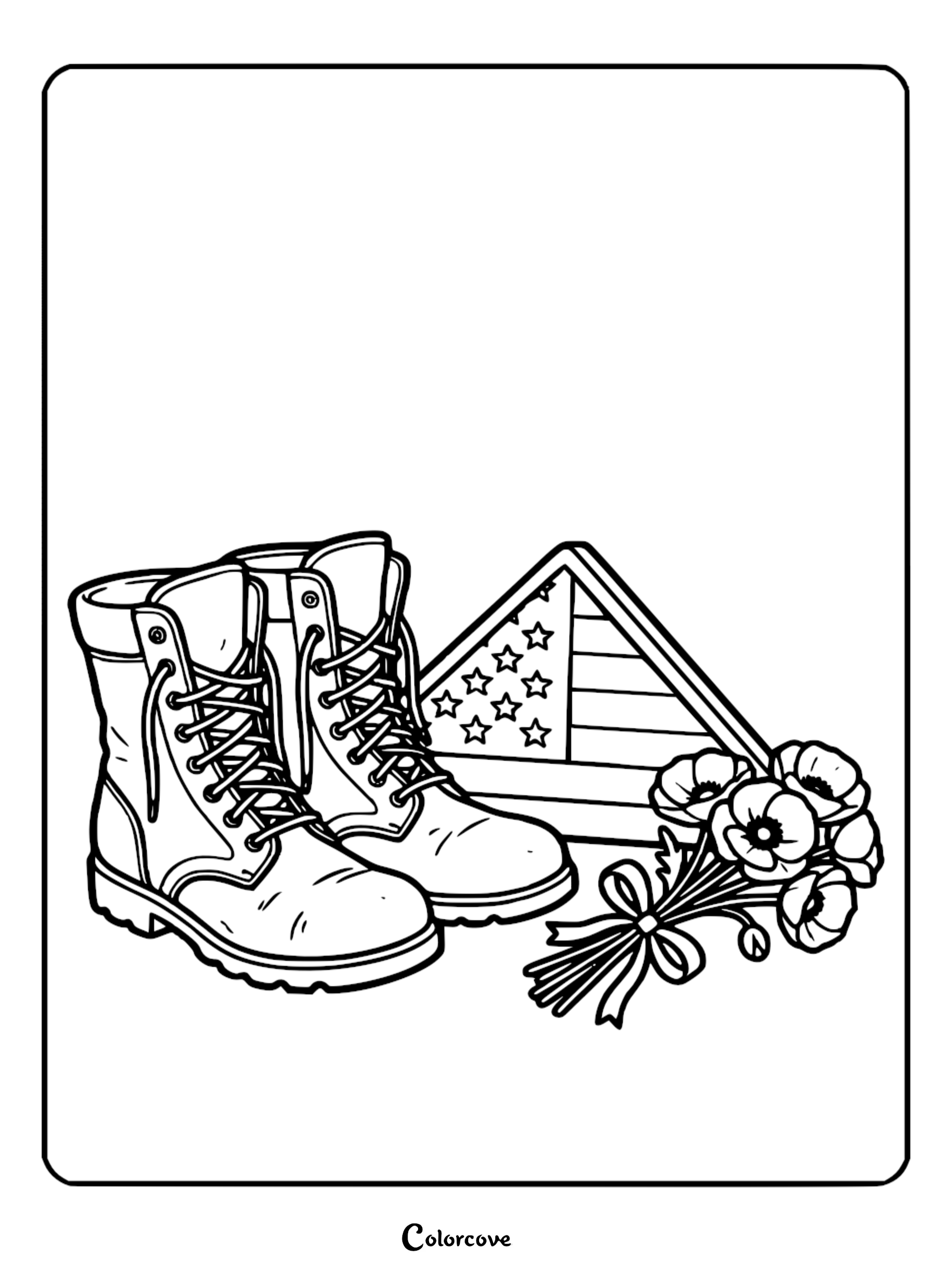 A detailed coloring page featuring a pair of military combat boots, a folded American flag, and a bouquet of remembrance poppies for Memorial Day or Veterans Day.