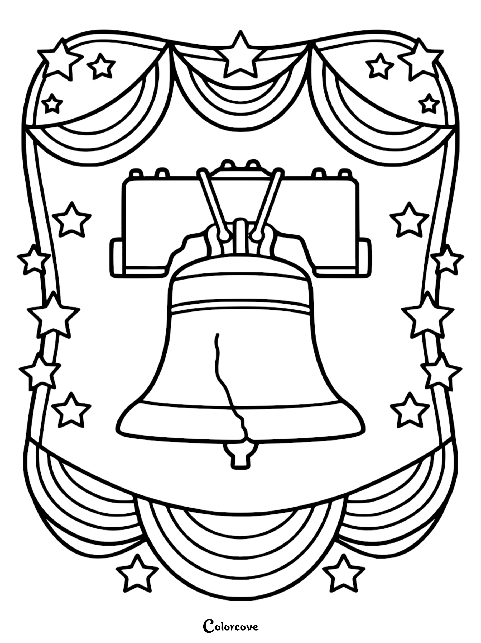 A printable Liberty Bell coloring page for kids surrounded by patriotic stars and bunting decorations.
