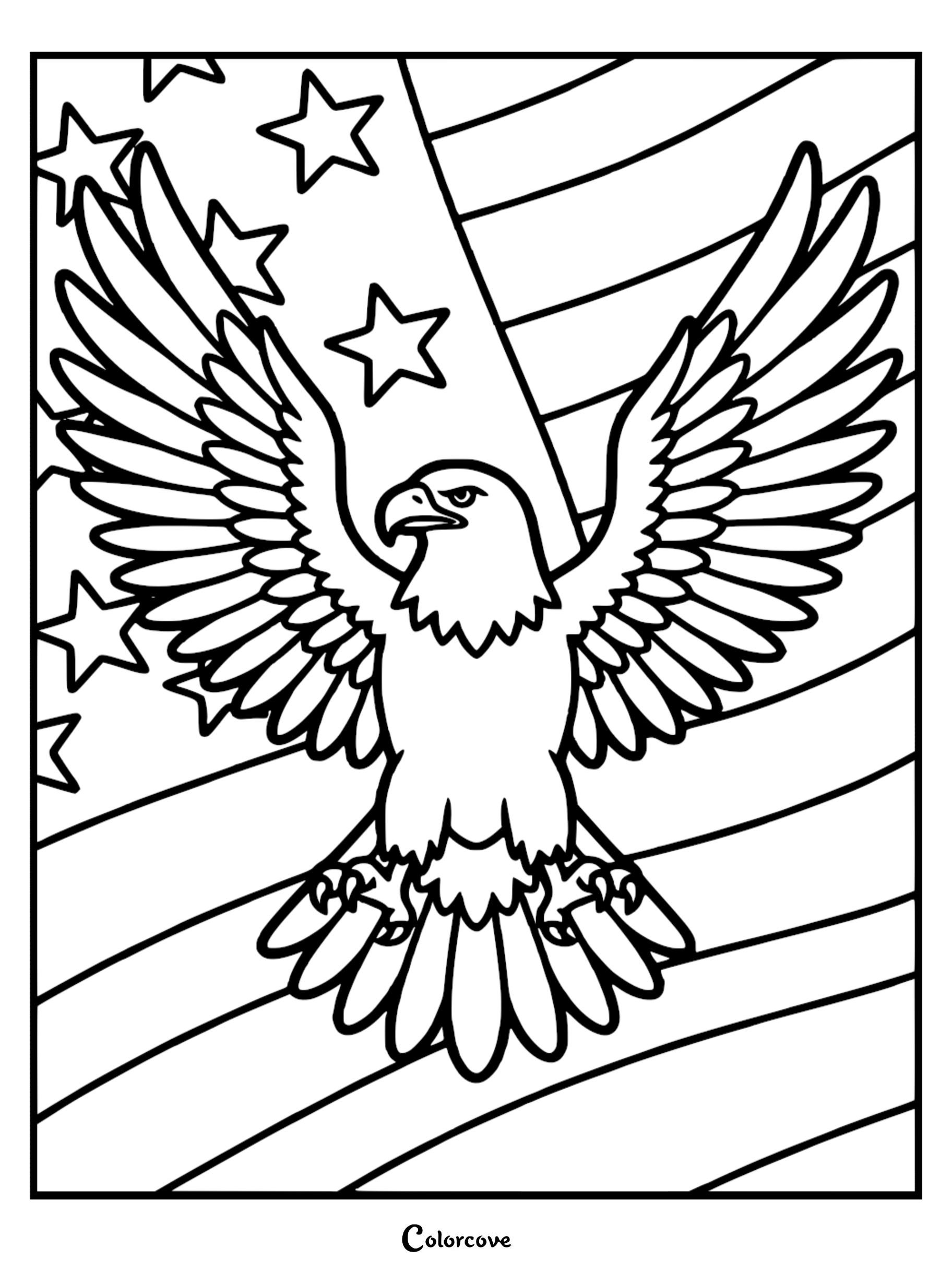 A majestic American bald eagle with spread wings in front of a US flag background, perfect for patriotic coloring pages.