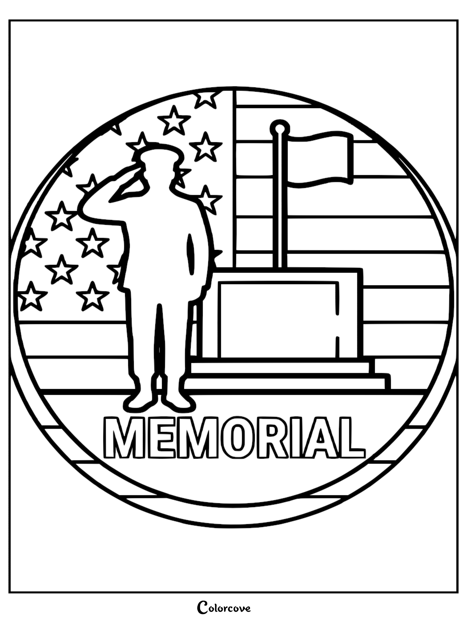 A printable Memorial Day coloring page featuring a soldier saluting in front of an American flag and a monument.