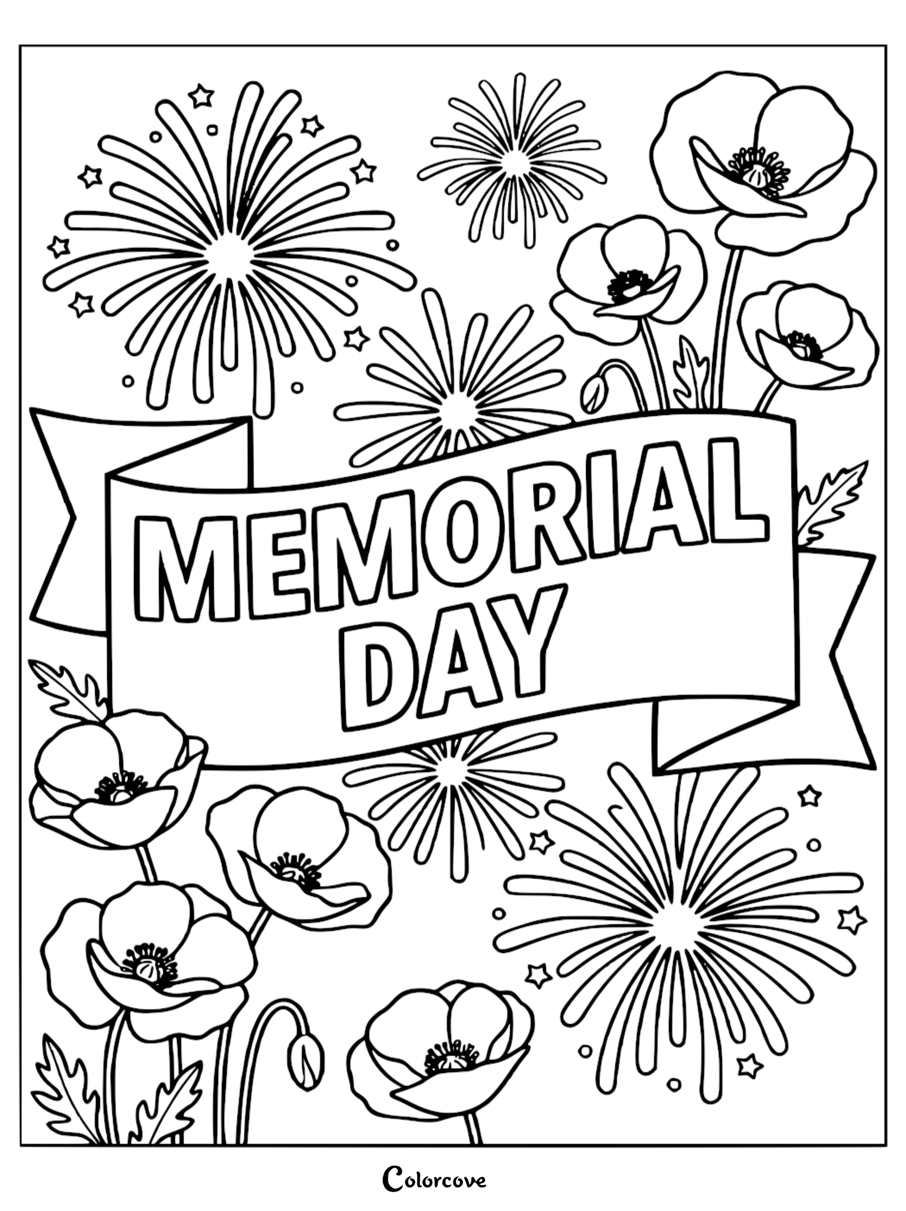 A printable Memorial Day coloring page featuring beautiful poppy flowers and festive fireworks for kids to color.