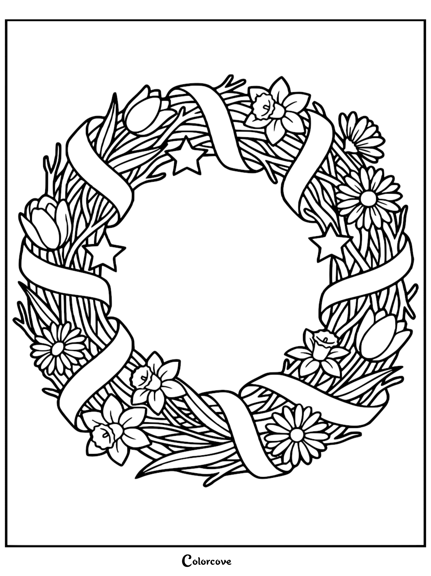A beautiful spring wreath coloring page featuring daffodils, daisies, tulips, and ribbons for kids and adults to print and color.