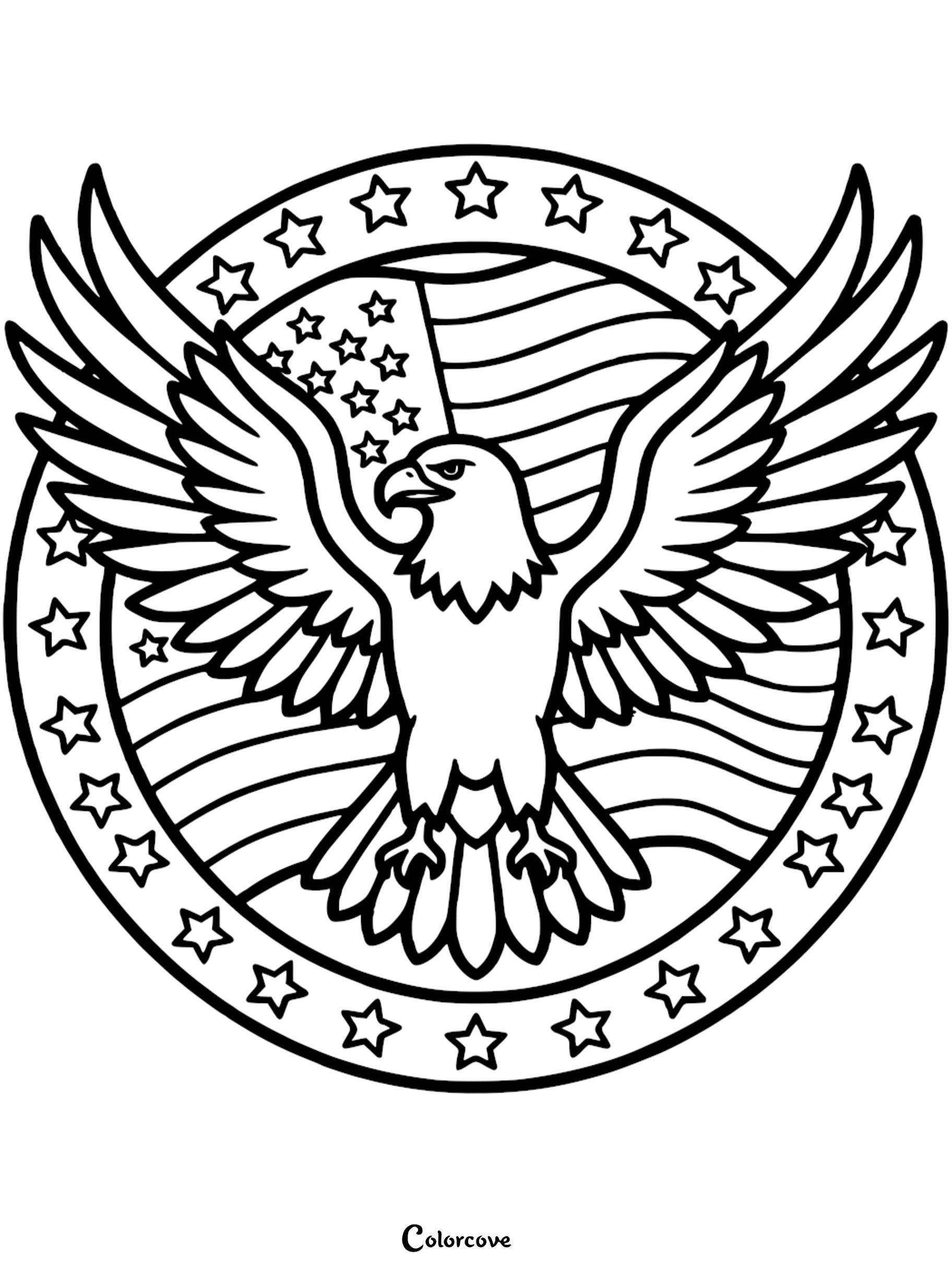 A majestic American bald eagle with wings spread wide against a background of the US flag and stars, perfect for patriotic themed coloring activities.