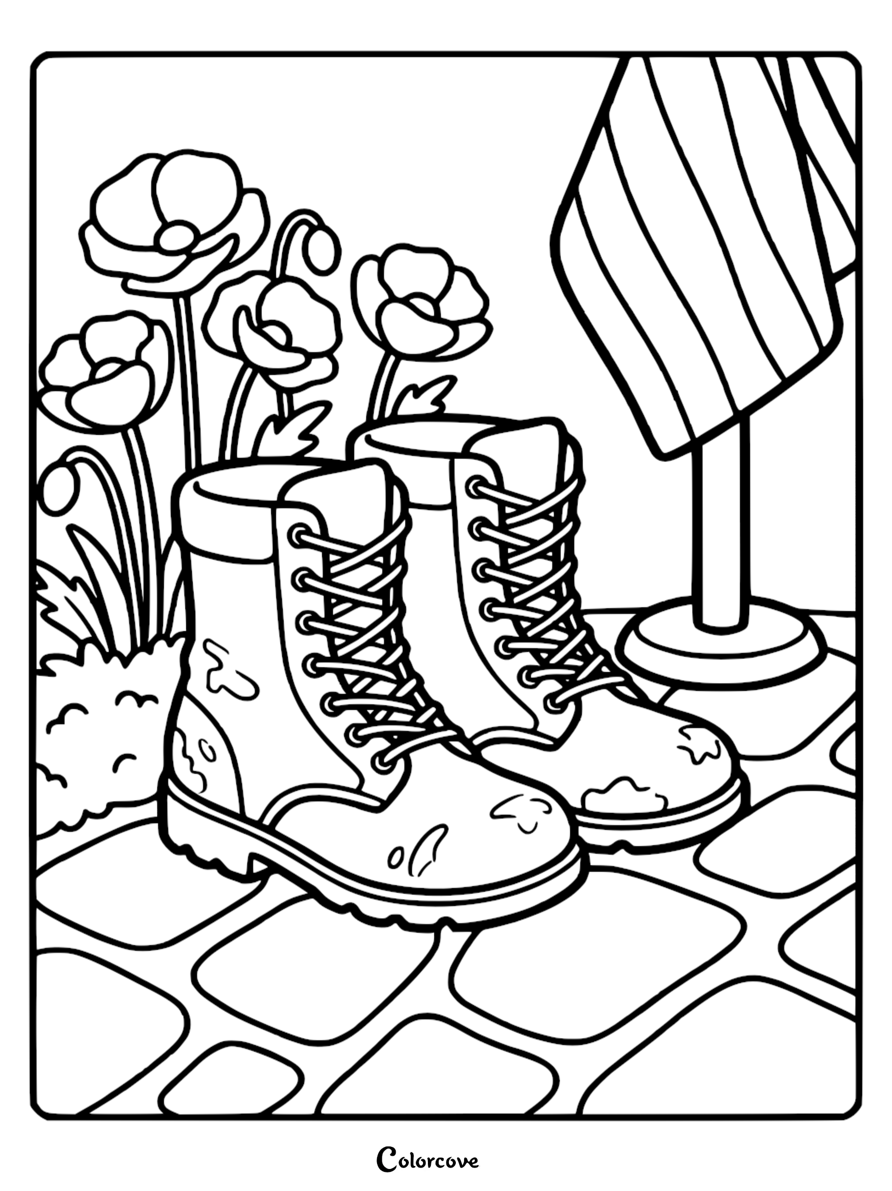 A printable coloring page featuring a pair of muddy work boots standing on a stone path next to spring flowers and a garden flag.