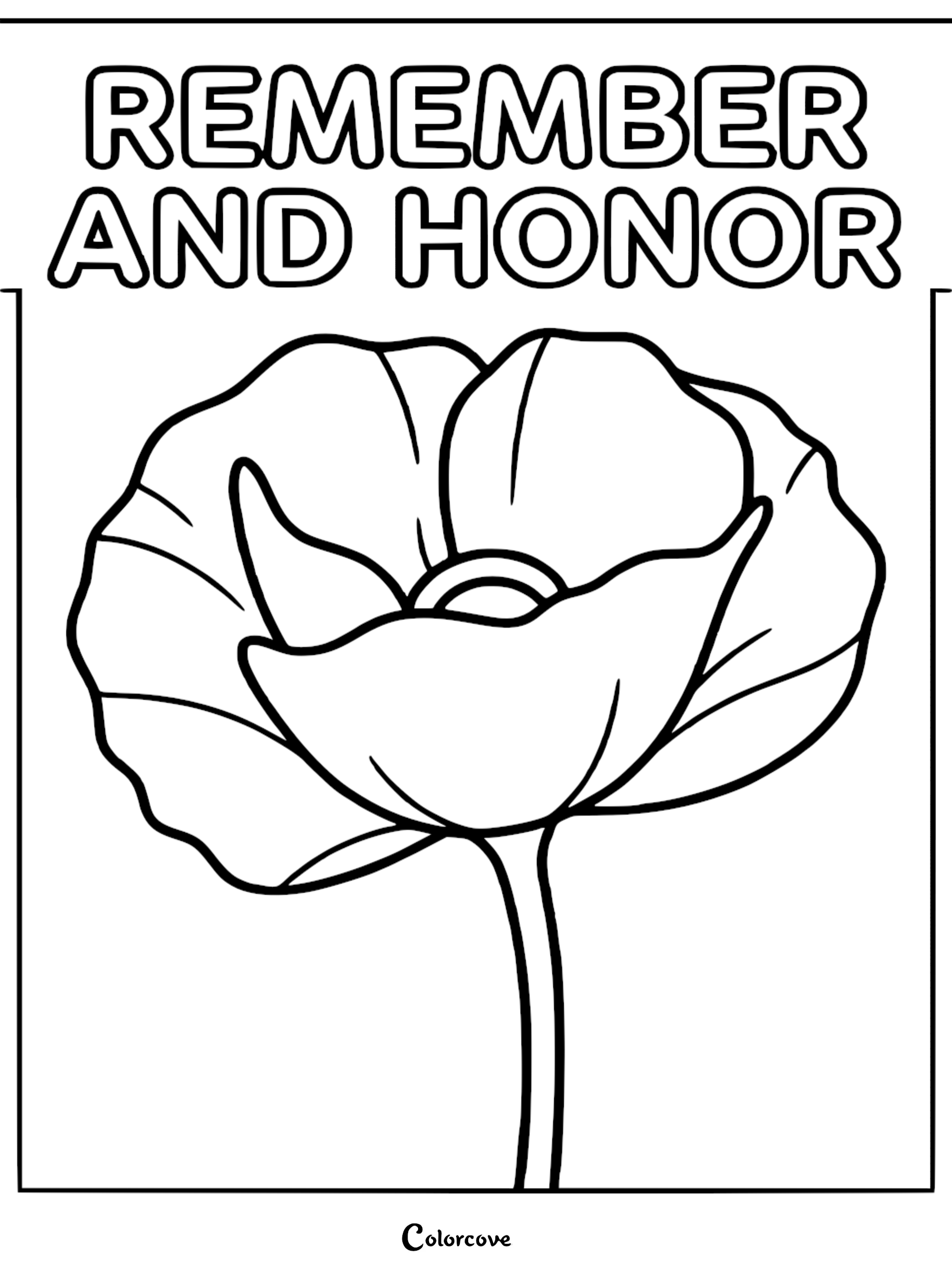 A printable Memorial Day coloring page featuring a Remembrance Poppy flower with the text Remember and Honor.