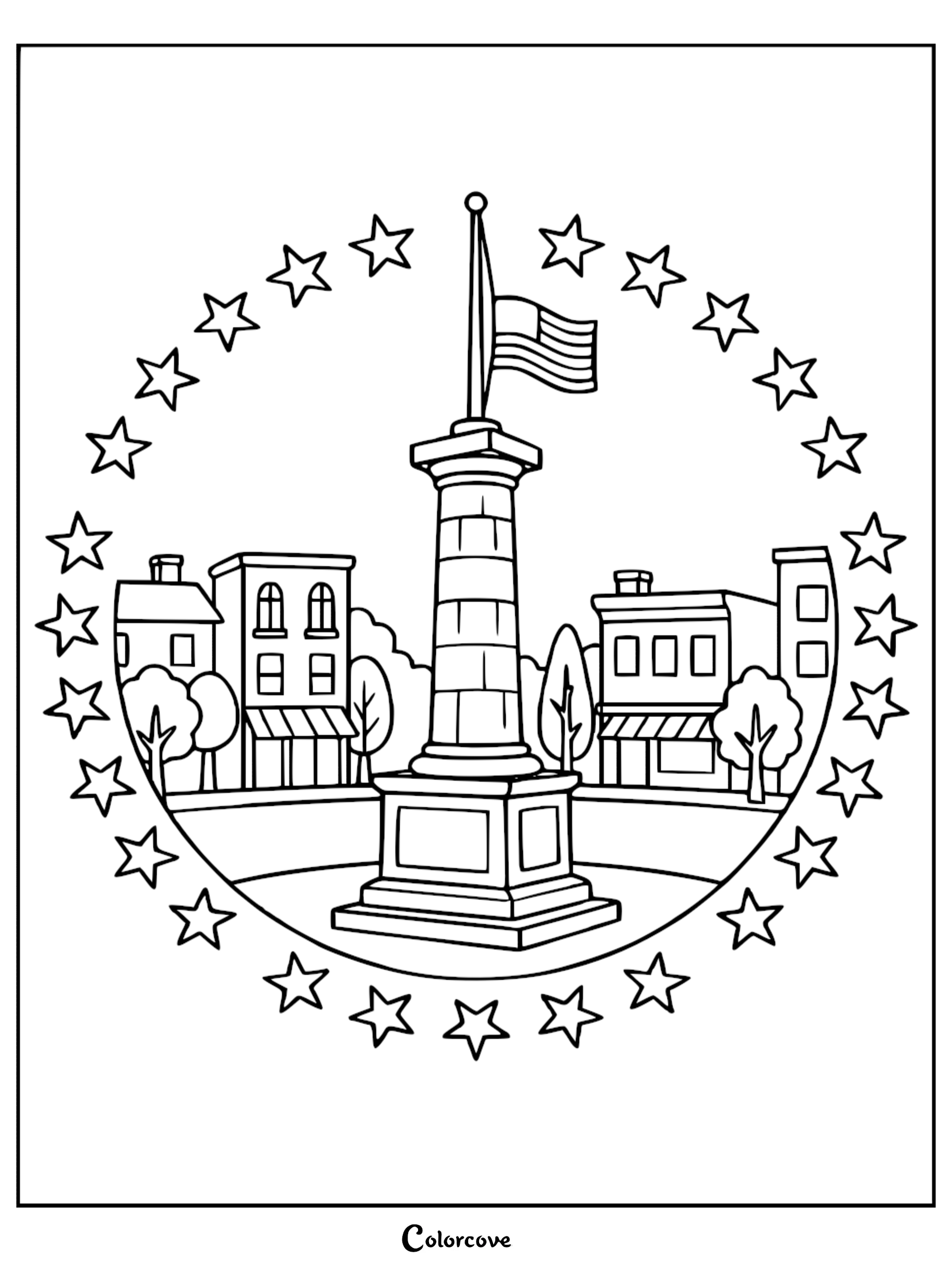 A patriotic American town square coloring page featuring a flagpole with an American flag surrounded by a ring of stars, perfect for Independence Day or history lessons.