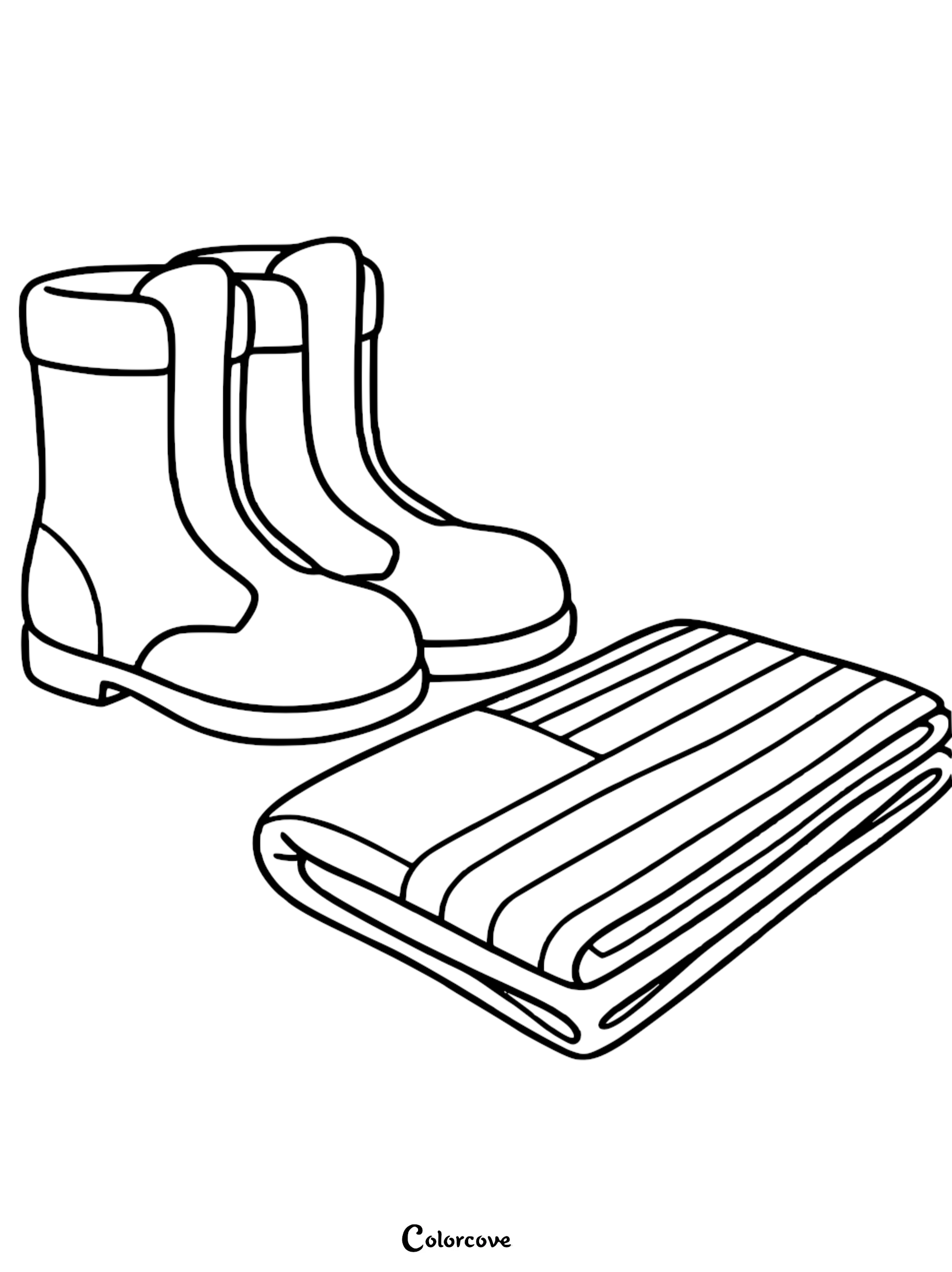 A printable coloring page featuring a folded American flag next to a pair of sturdy boots, perfect for patriotic-themed activities for kids.