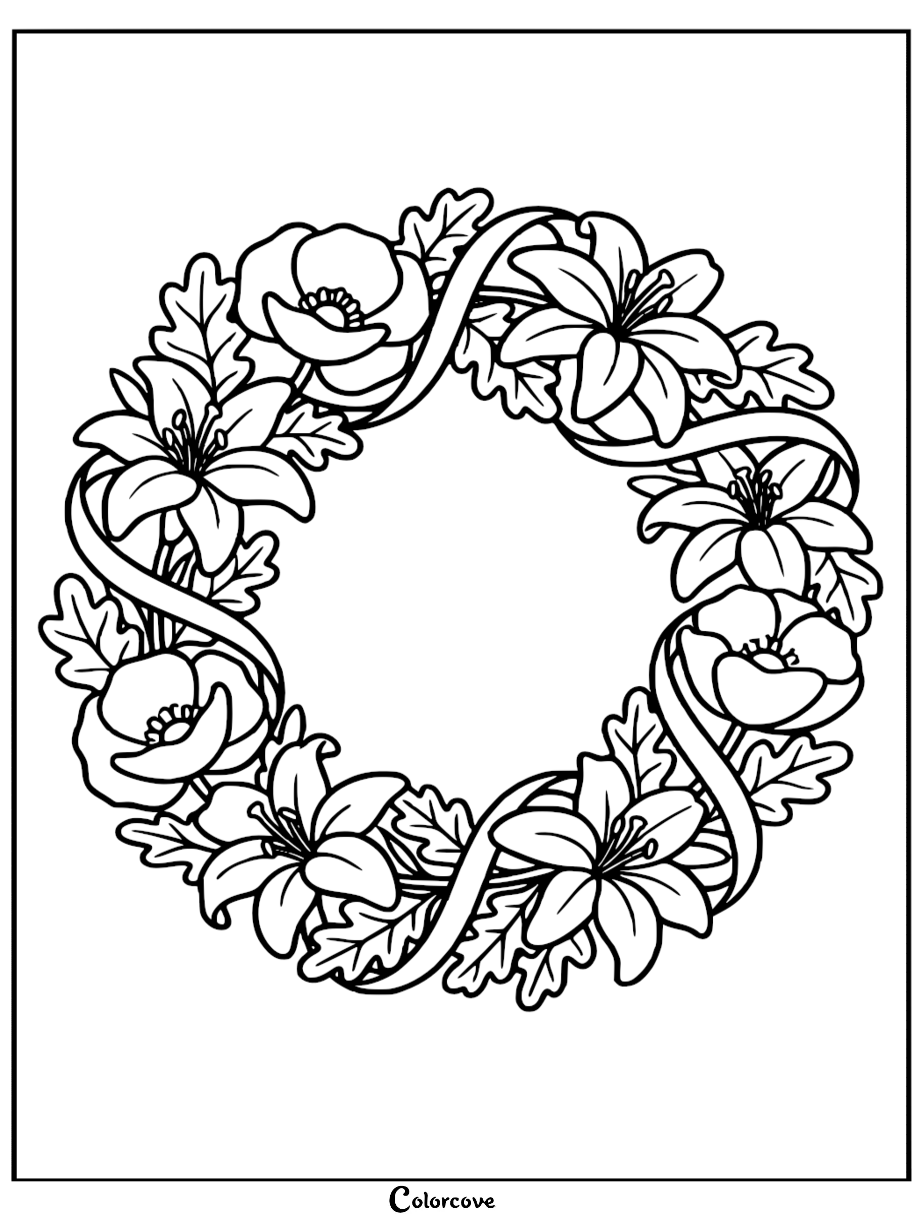 A detailed printable floral wreath coloring page featuring lilies, poppies, and decorative ribbon for adults and kids to color.