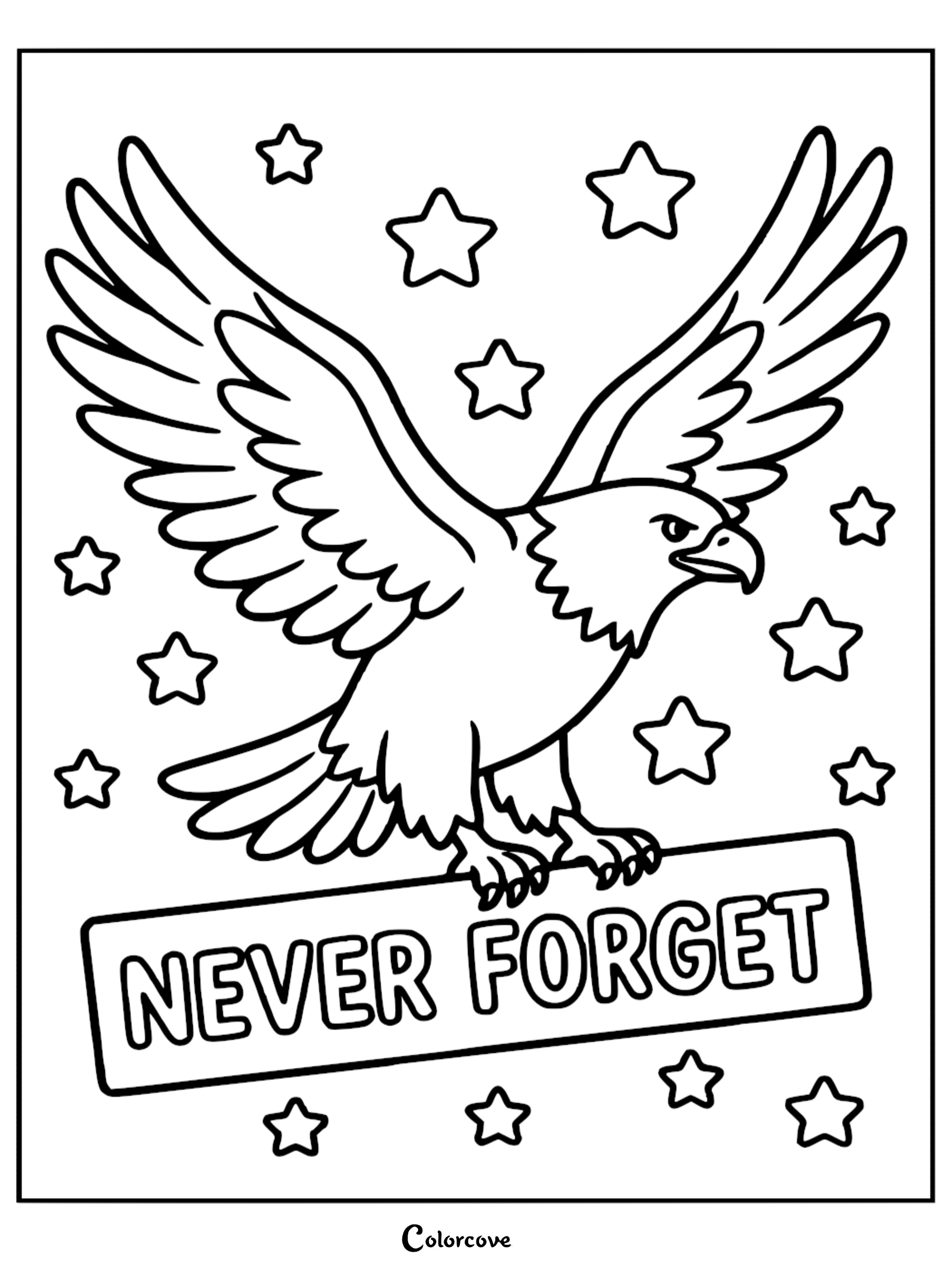 A patriotic Never Forget coloring page featuring a bald eagle soaring above a banner with stars in the background for kids and adults.