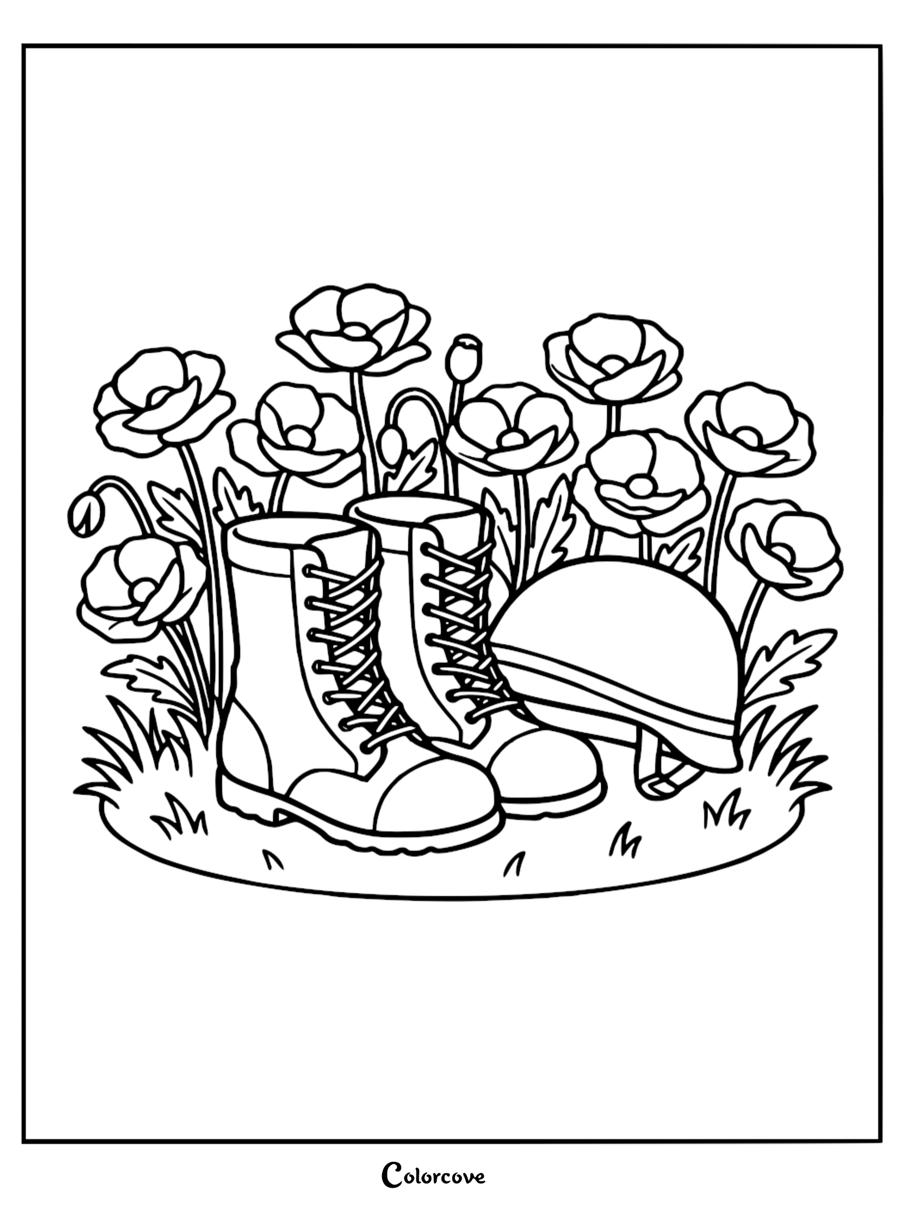 A printable coloring page featuring military boots and a helmet surrounded by poppy flowers for Remembrance Day or Veterans Day.
