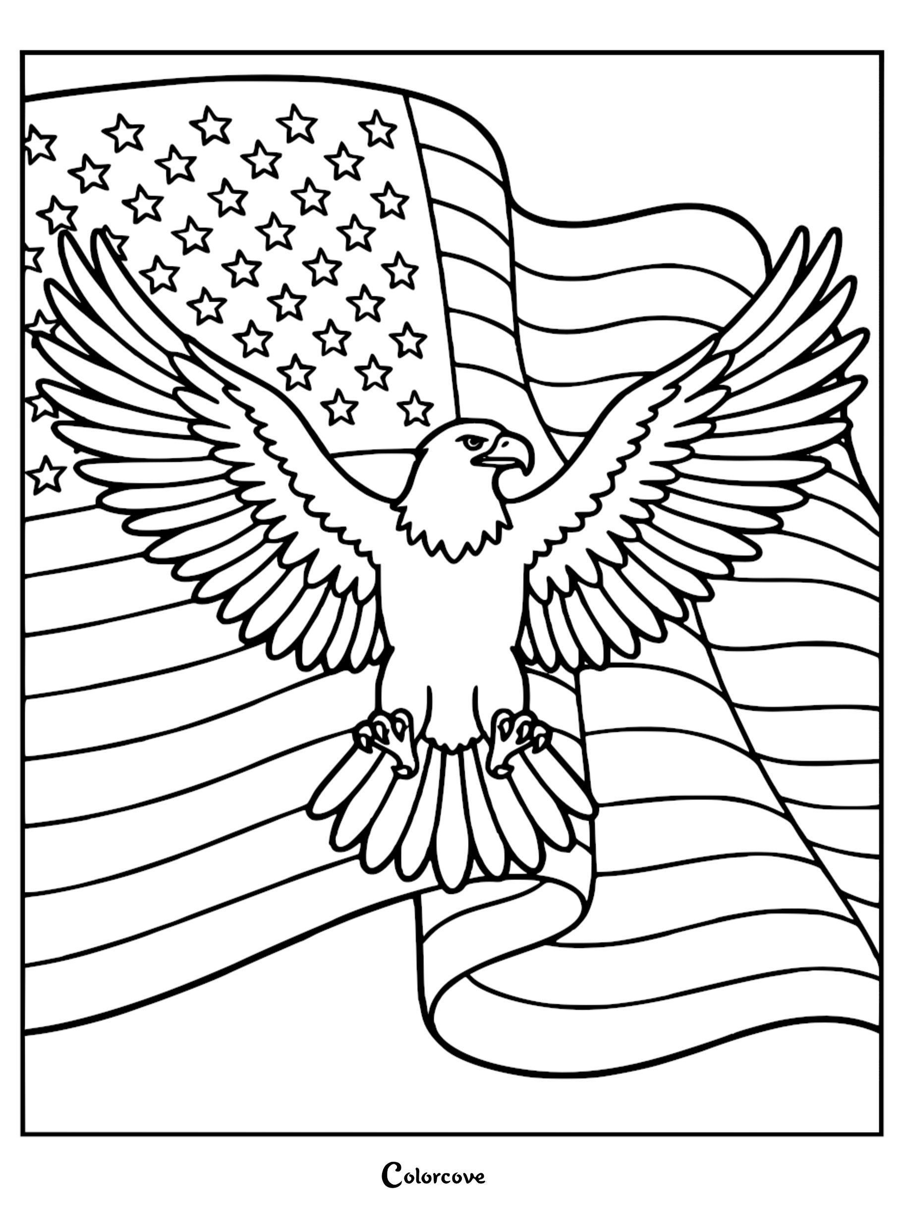 A majestic American bald eagle flying in front of an American flag for kids to color