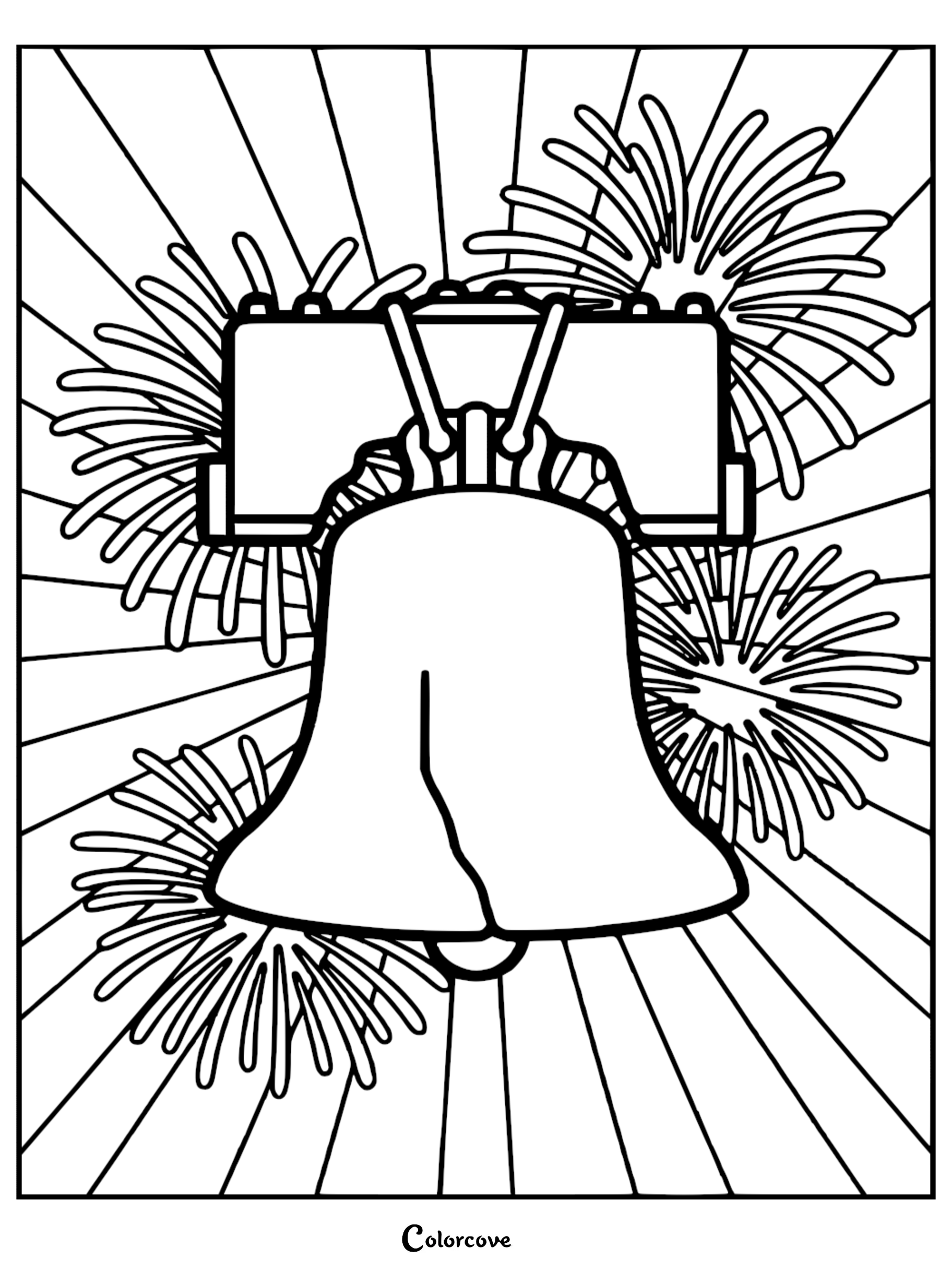 A printable Liberty Bell coloring page featuring a patriotic firework background for Independence Day and American history lessons.