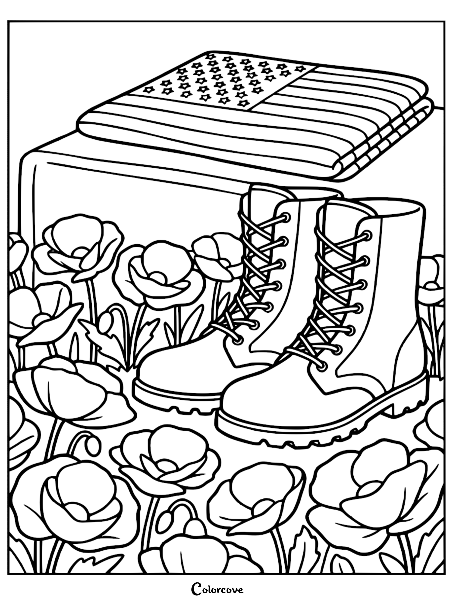 A detailed Memorial Day coloring page featuring a folded American flag, military boots, and field poppies for kids and adults.