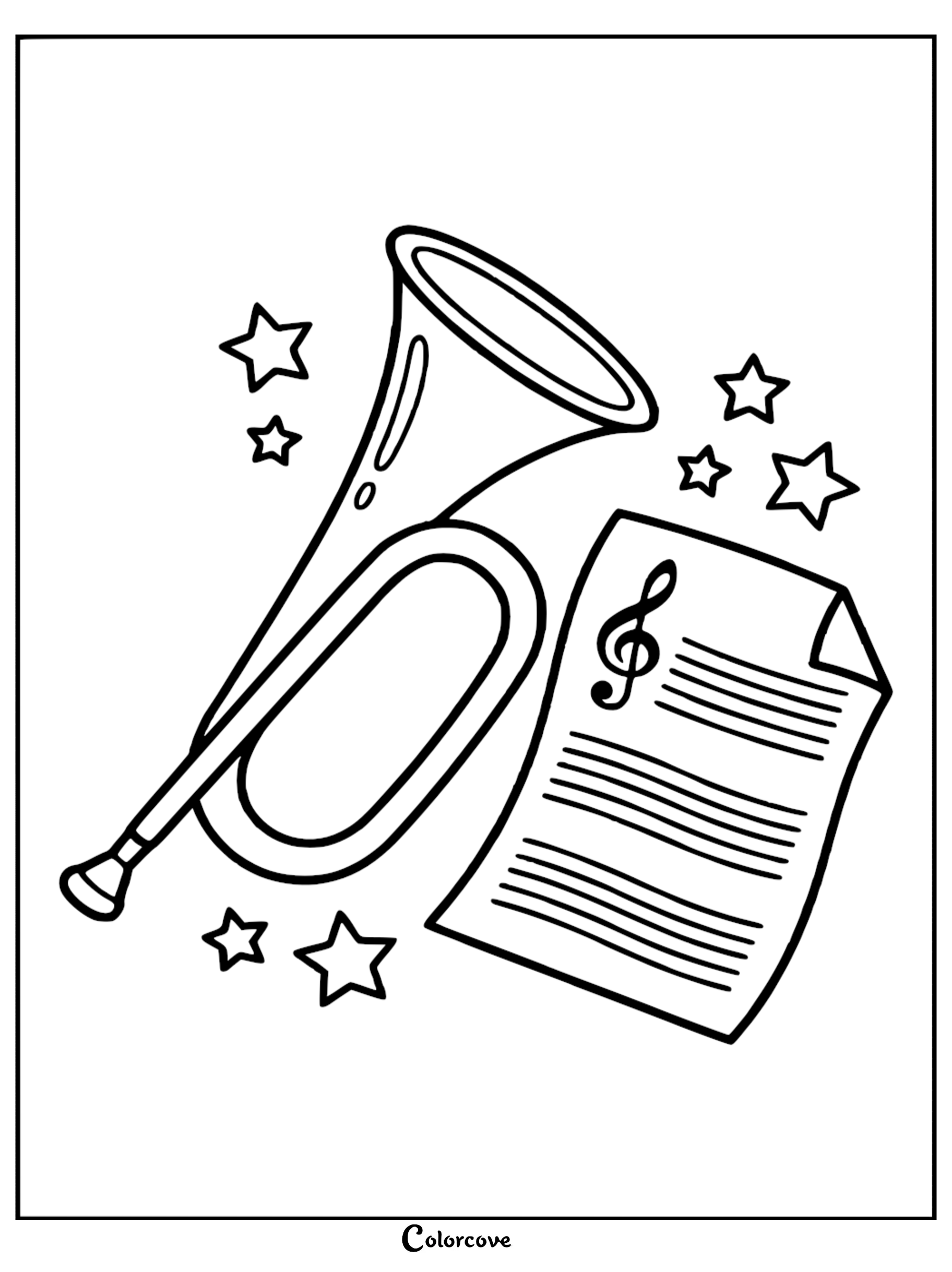 A printable coloring page featuring a brass trumpet, musical staff sheet music, and decorative stars for children to color.