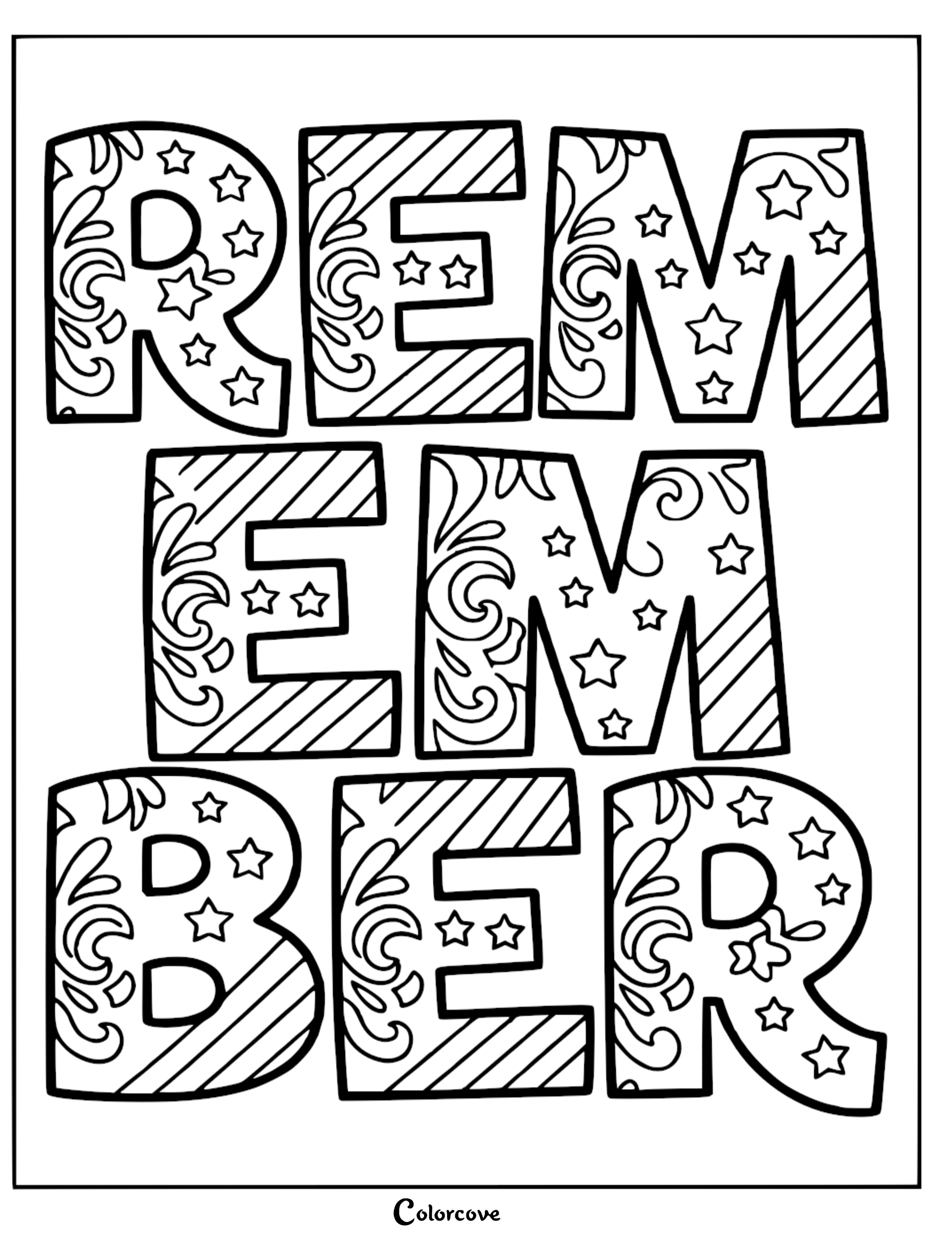 A printable word art coloring page featuring the word Remember decorated with stars, swirls, and patterns for kids and adults.