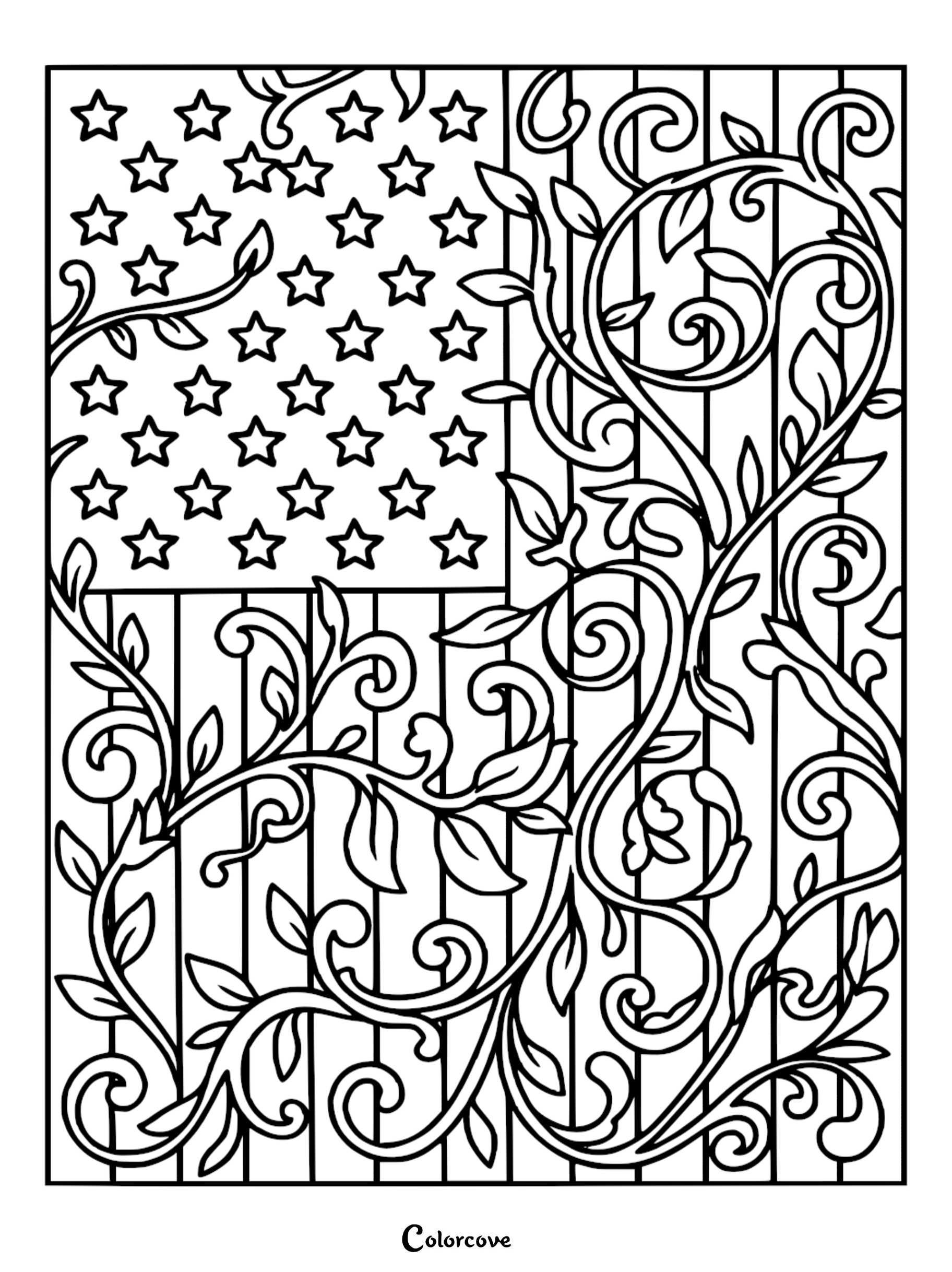 A decorative American flag coloring page featuring artistic vine and floral patterns overlaid on stars and stripes for adults and kids.