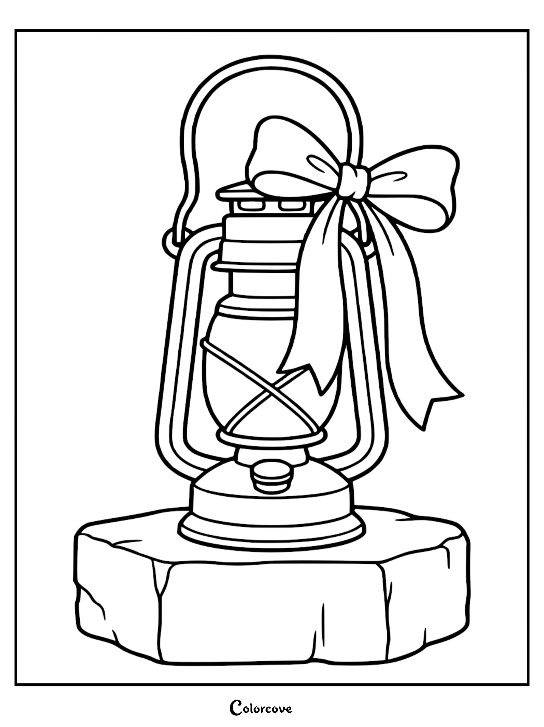 A vintage kerosene lantern decorated with a festive ribbon bow sitting on a stone base, ready to print and color.