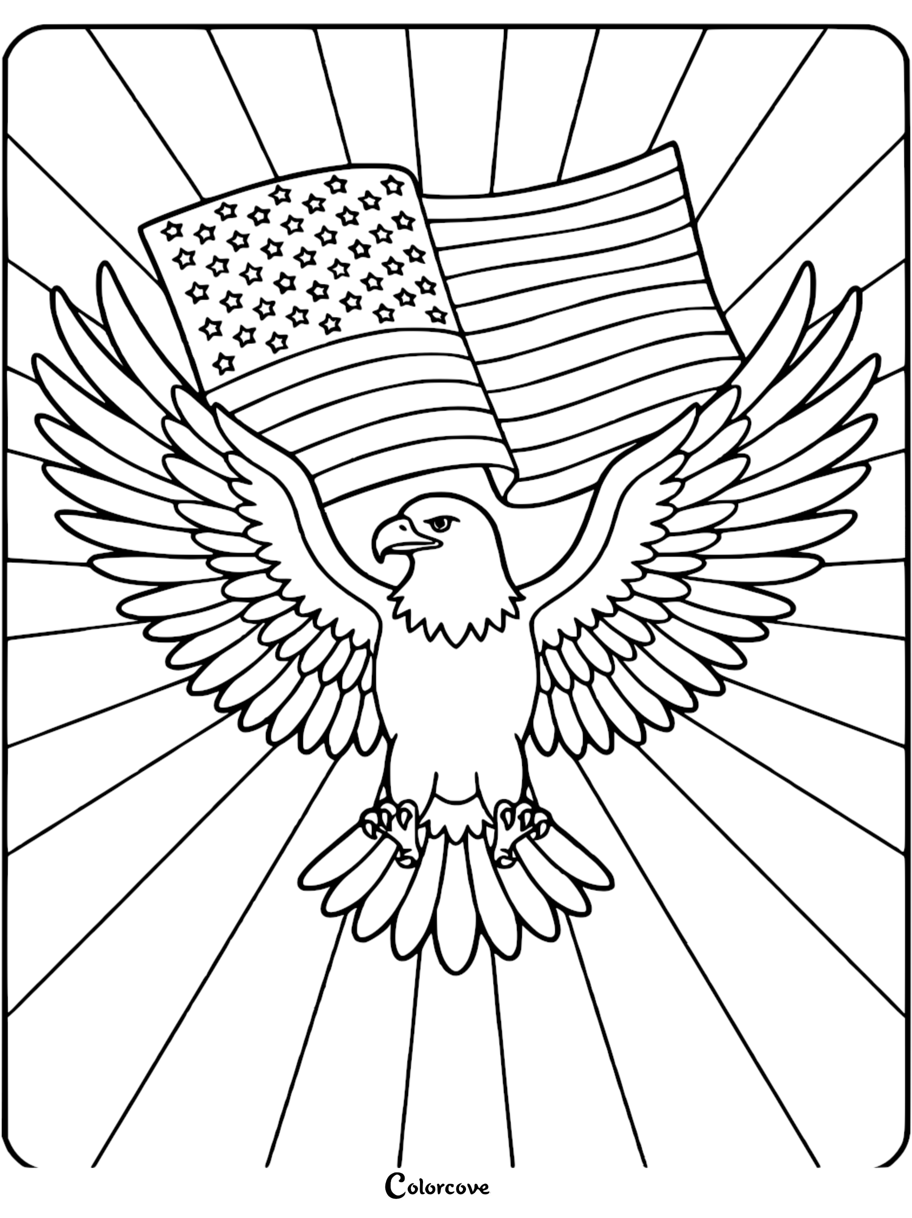 A detailed coloring page featuring a majestic bald eagle with wings spread in front of a waving American flag with a sunburst background.