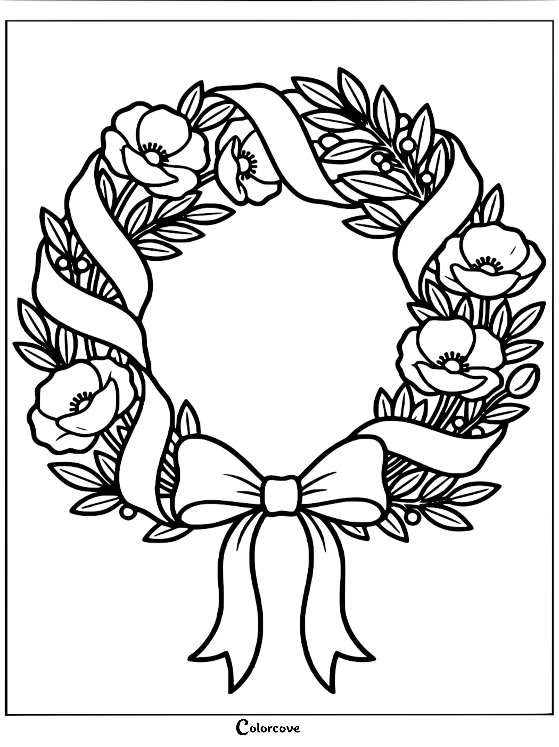 A beautiful floral wreath with poppy flowers, greenery, and a decorative ribbon for a relaxing coloring page.