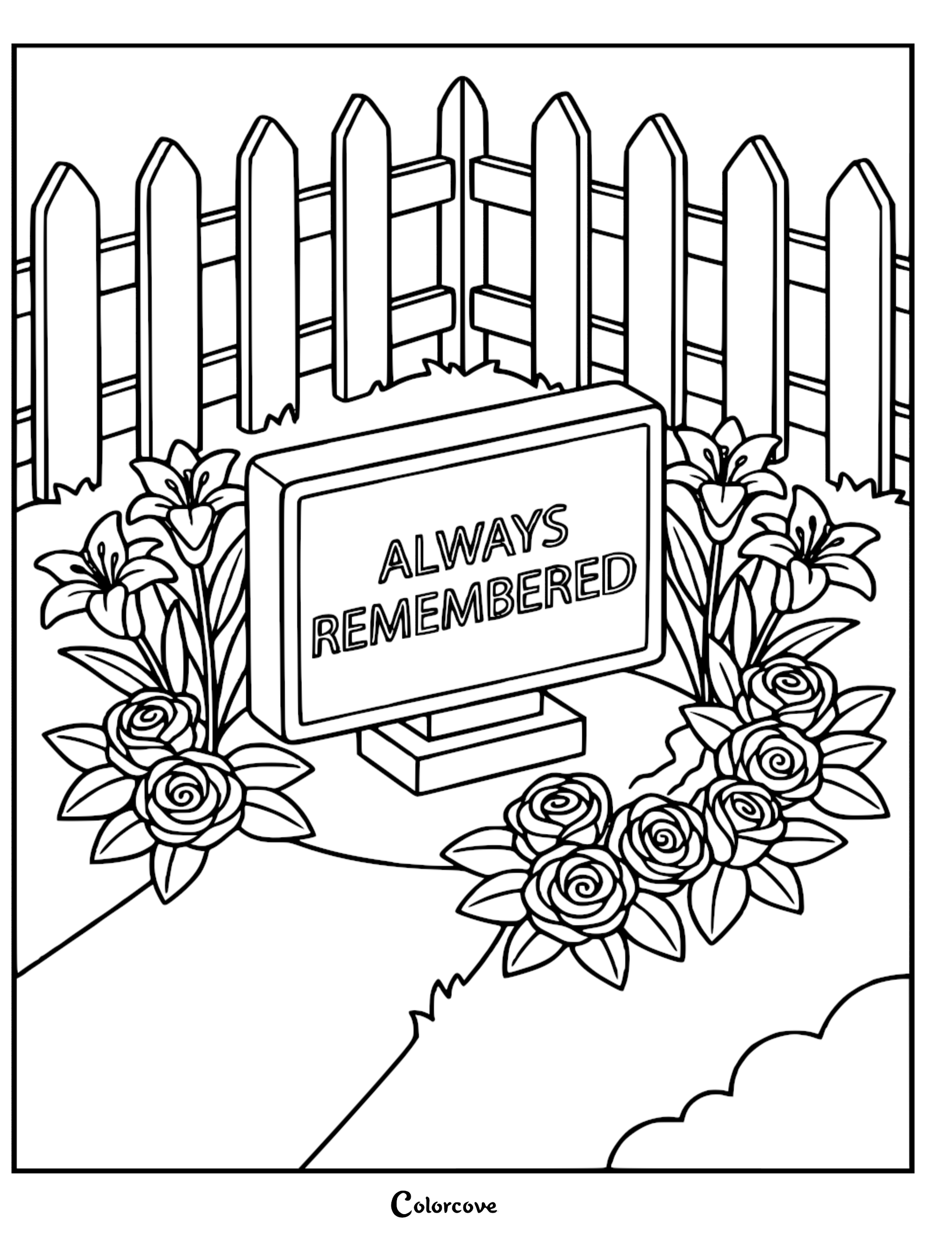 A memorial headstone coloring page with the words Always Remembered surrounded by roses and lilies in a garden setting for funeral or memorial activities.