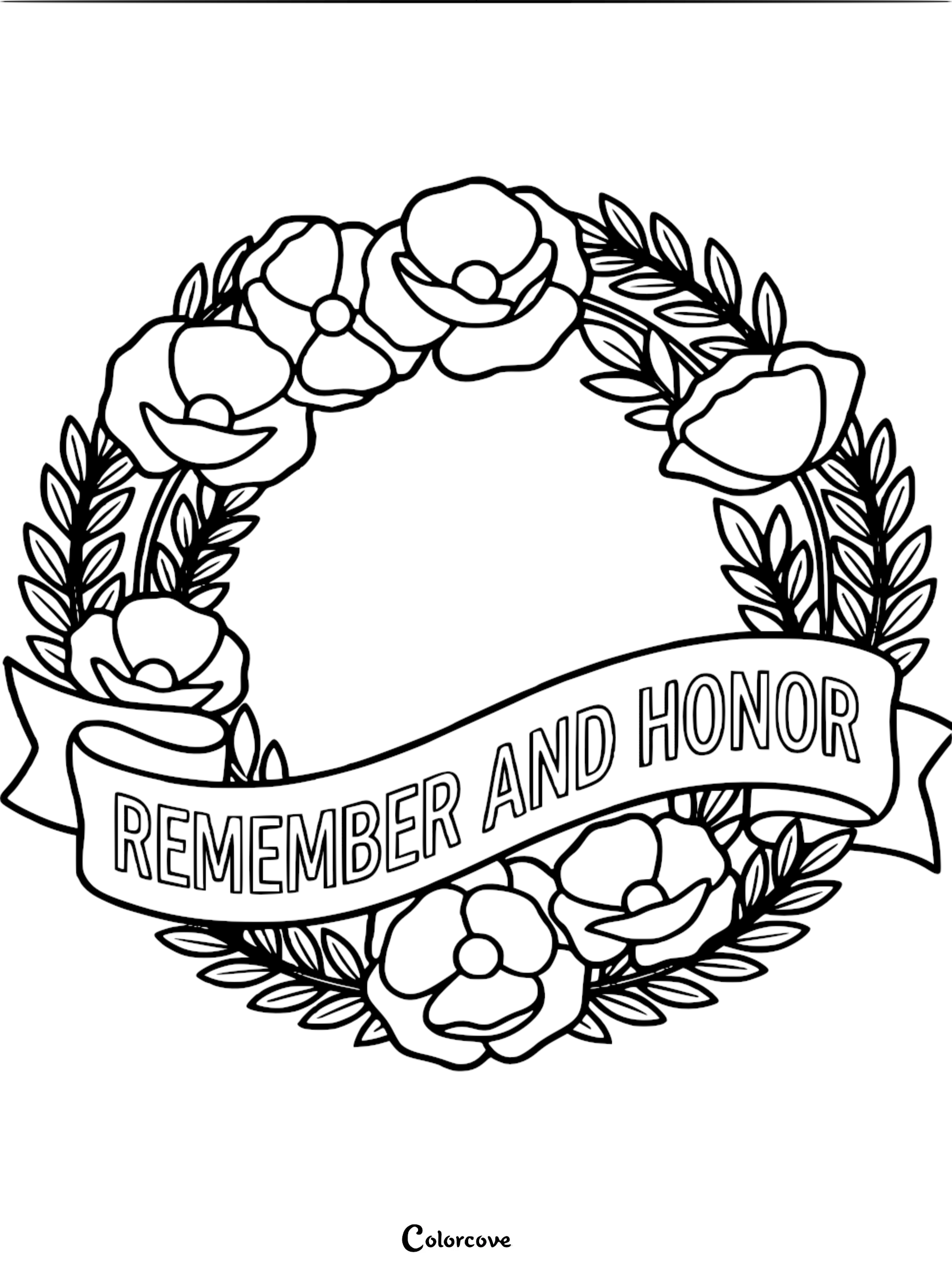 A printable coloring page featuring a memorial wreath of poppy flowers with a ribbon that reads Remember and Honor, perfect for Remembrance Day or Memorial Day activities.