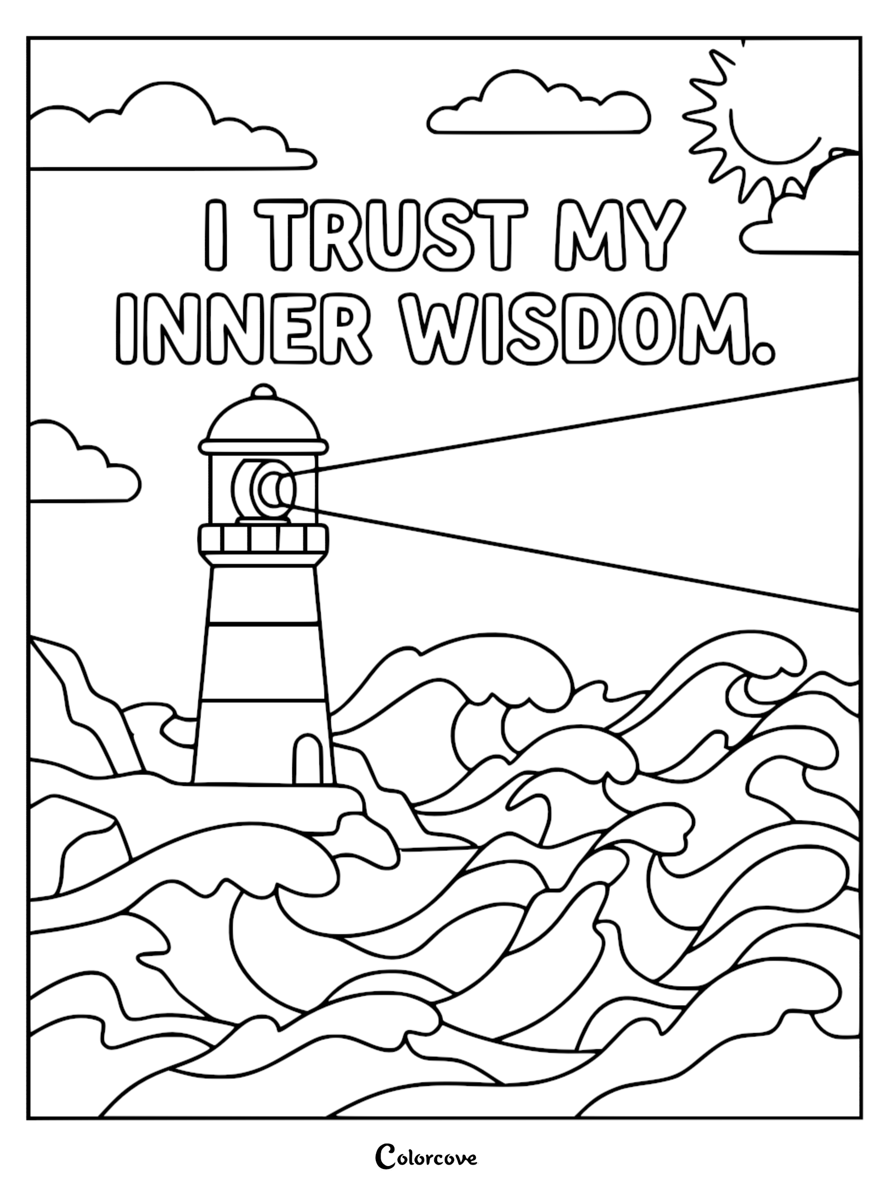 A printable coloring page featuring a lighthouse on a rocky cliff with crashing ocean waves and the mantra I Trust My Inner Wisdom written above.