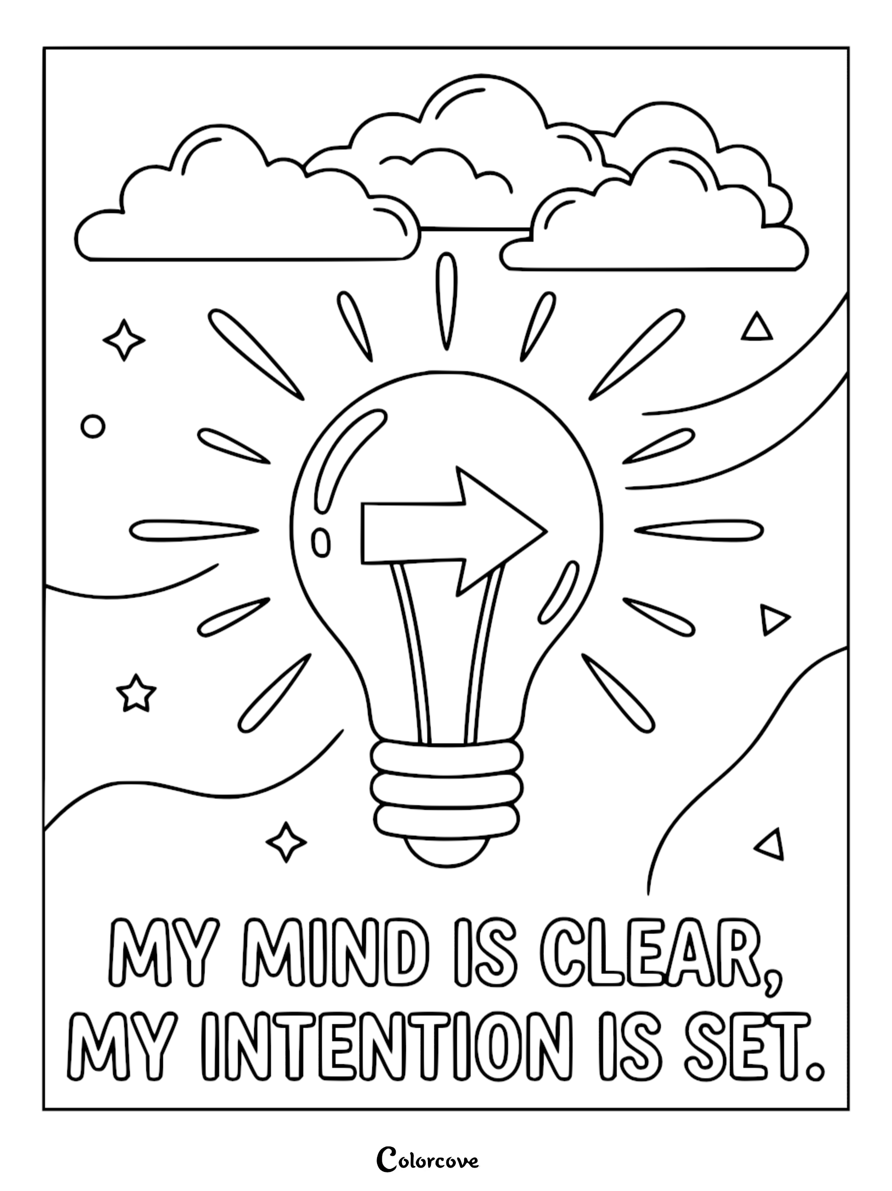 A mindfulness coloring page featuring a glowing lightbulb with an arrow inside, surrounded by clouds and stars, with the mantra My Mind Is Clear, My Intention Is Set written below.