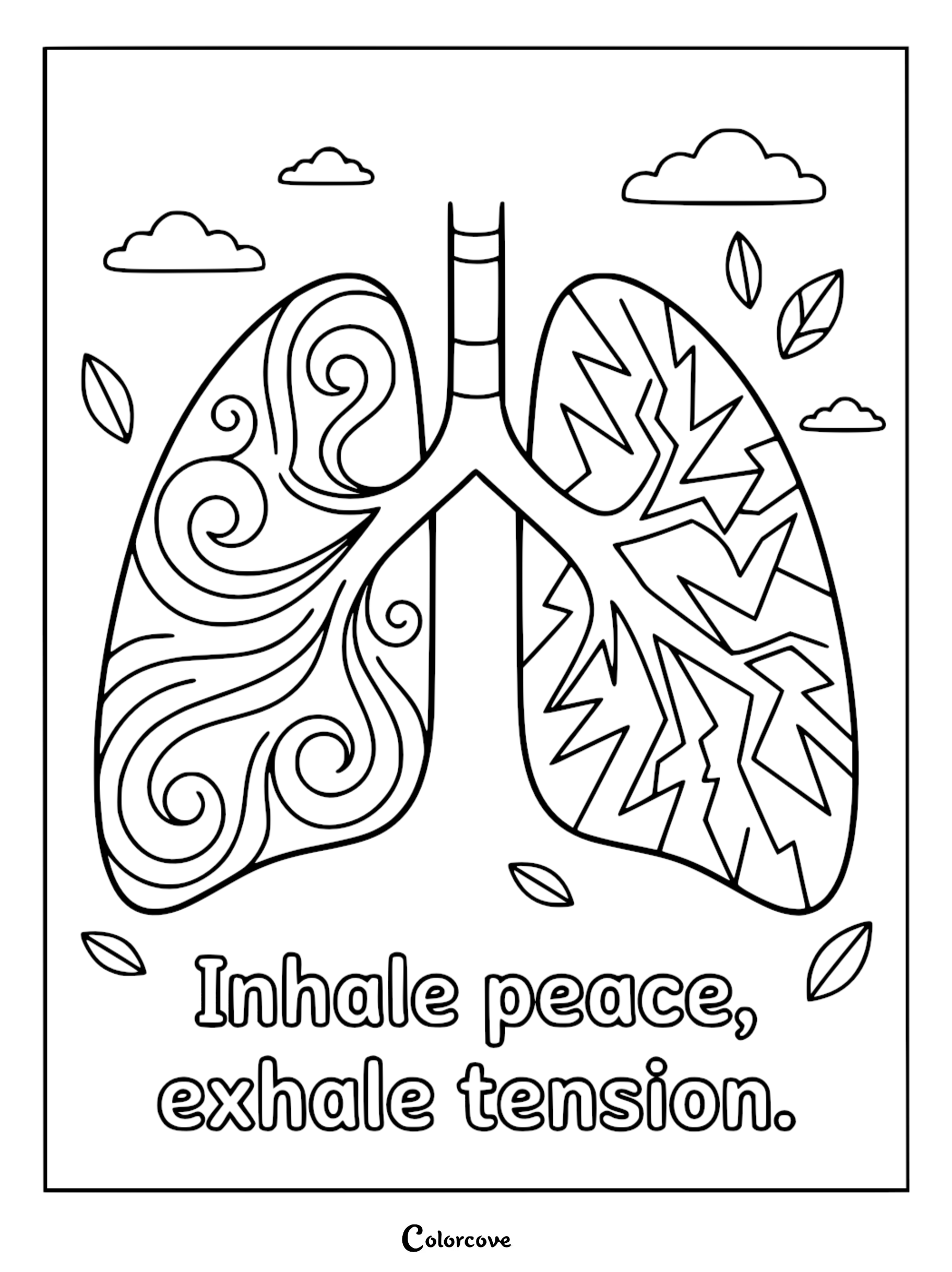 A mindfulness coloring page featuring human lungs with swirling patterns on the left and jagged lines on the right, with the text Inhale peace, exhale tension.