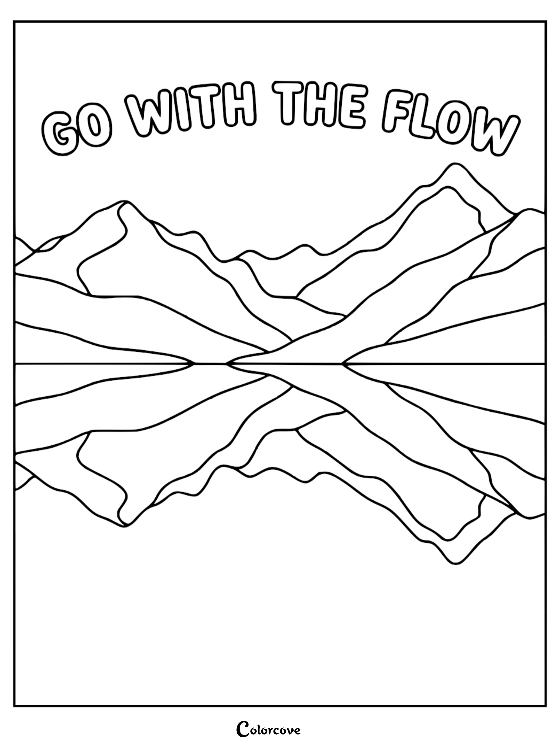 A mindfulness coloring page featuring a mountain range reflected in calm water with the text Go With The Flow written above.