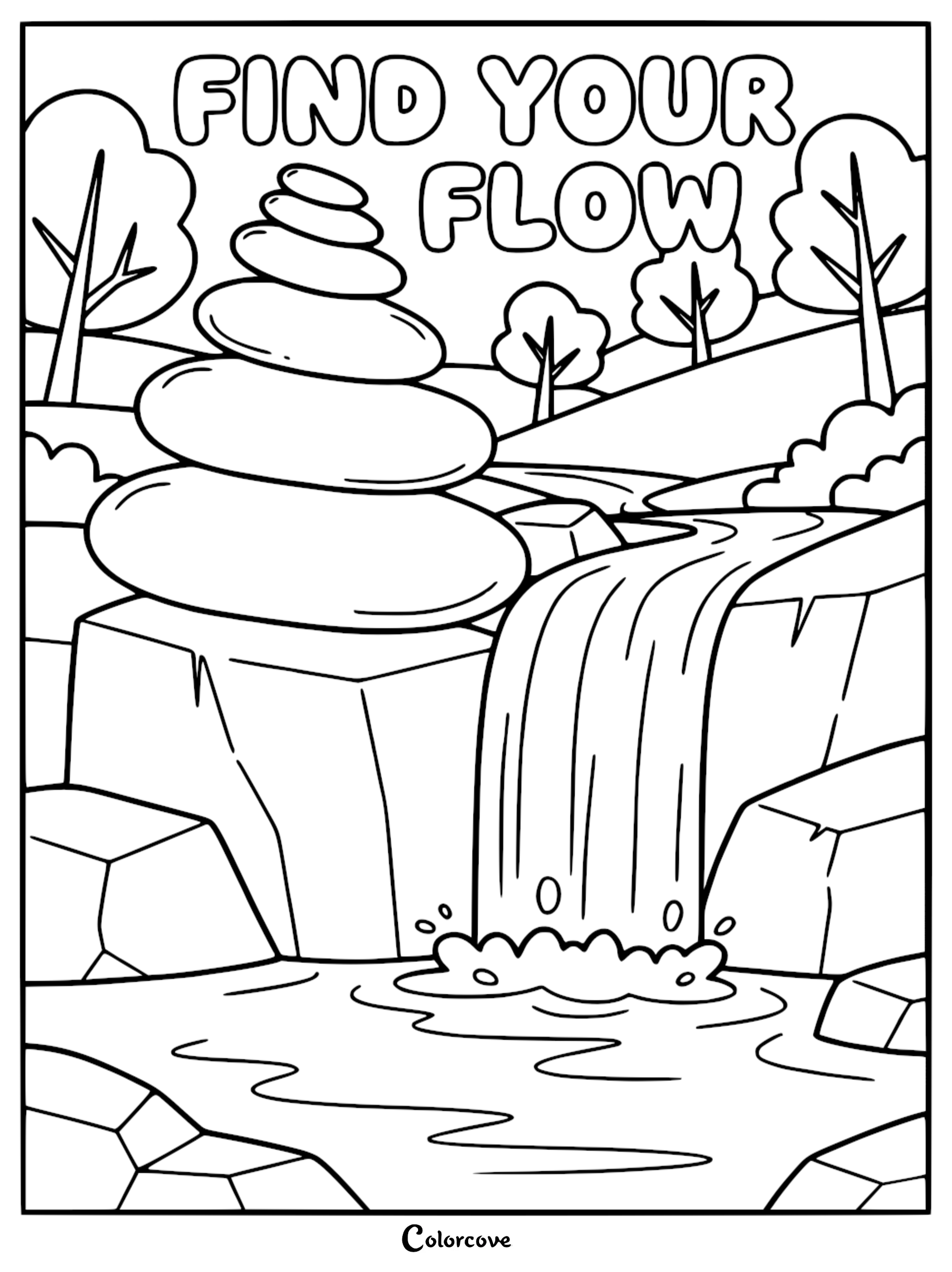 A mindfulness coloring page featuring a stack of balanced stones next to a flowing waterfall with the text Find Your Flow in the background.