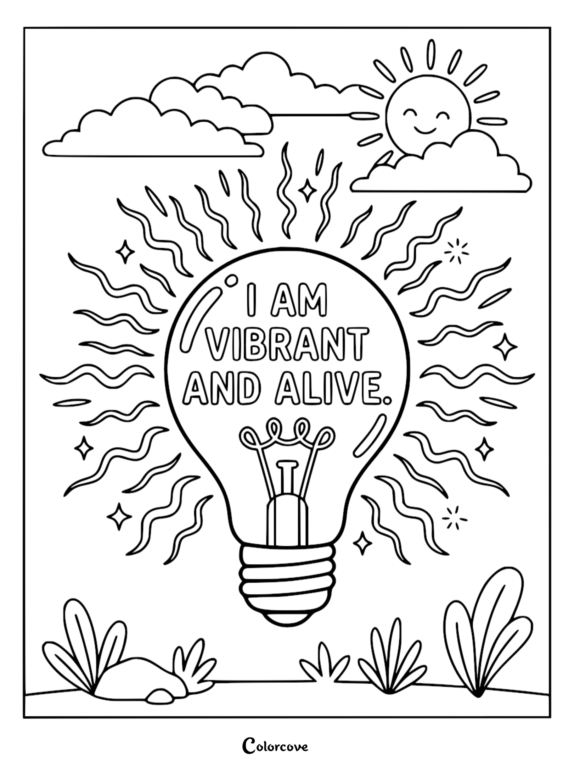 A mindfulness coloring page featuring a glowing lightbulb with the mantra I AM VIBRANT AND ALIVE written inside, surrounded by wavy sun rays, clouds, and small plants.