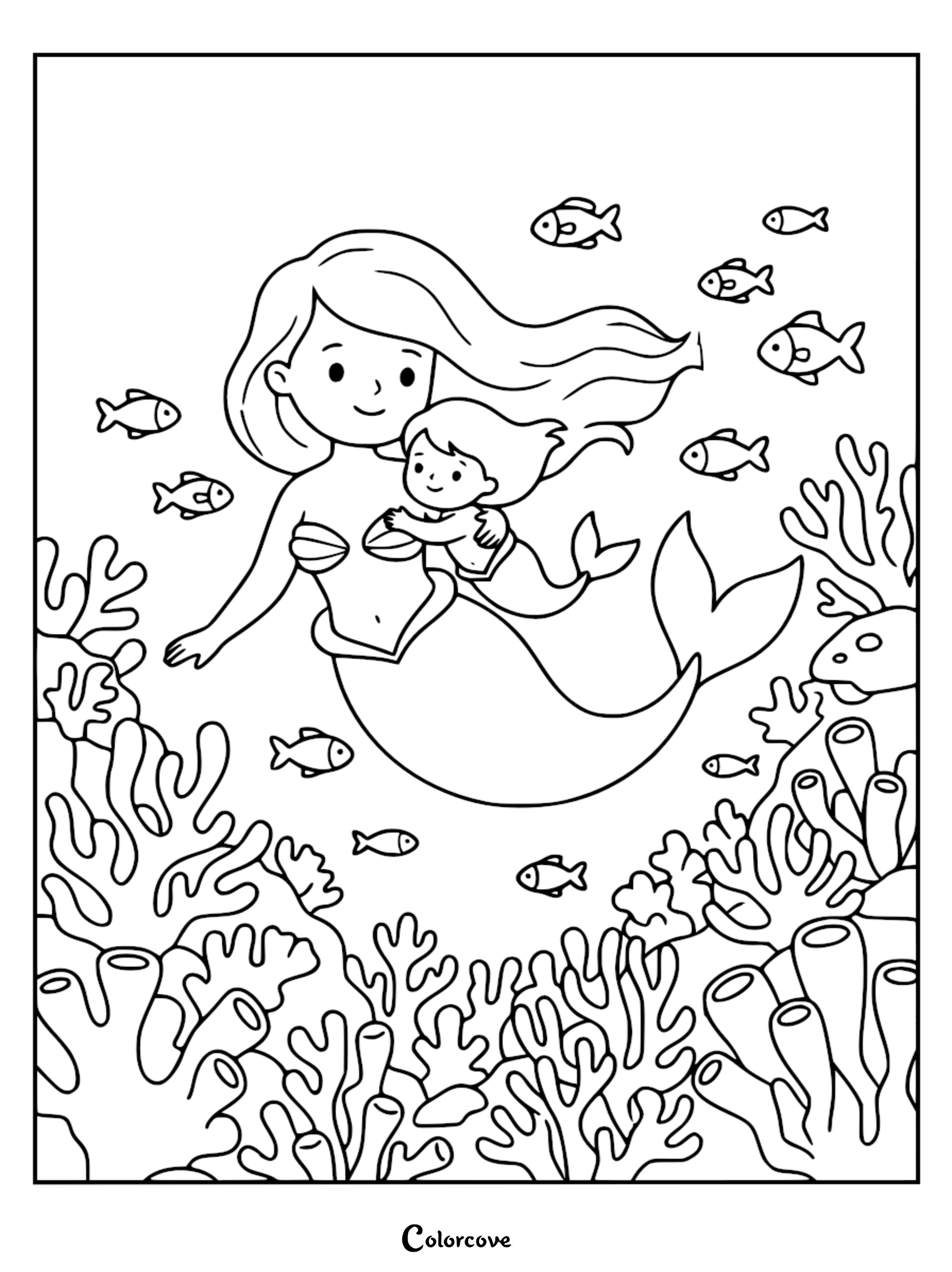 Mermaid mom holding her baby mermaid in an underwater coral reef, detailed coloring page for kids