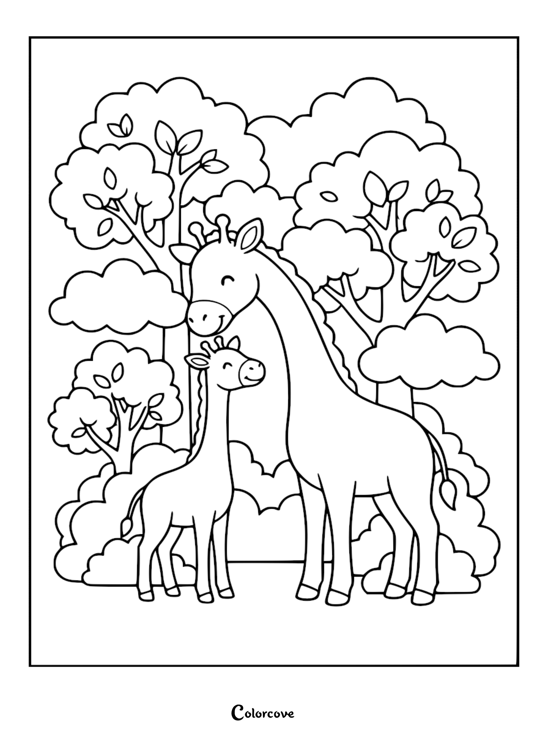 A cute Mommy and Me giraffe coloring page showing a tall mother giraffe standing next to her small calf in a forest setting with leafy trees and clouds.