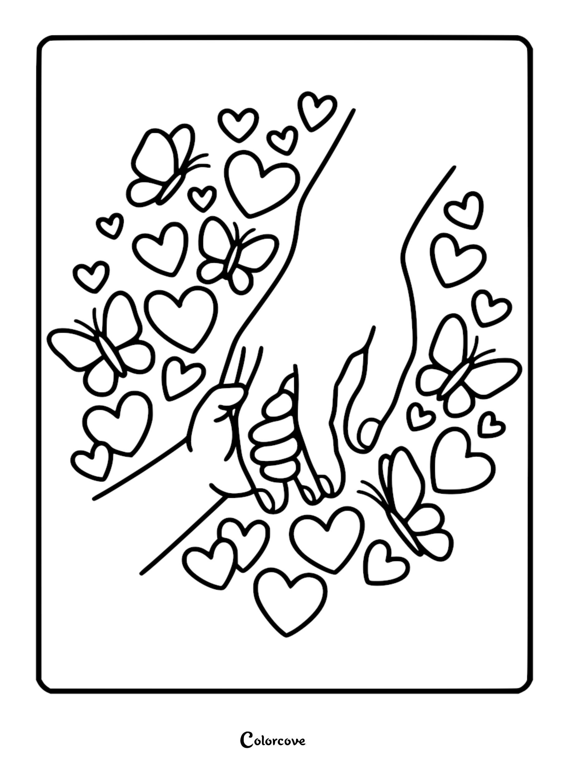 Mommy and child holding hands surrounded by hearts and butterflies coloring page for kids