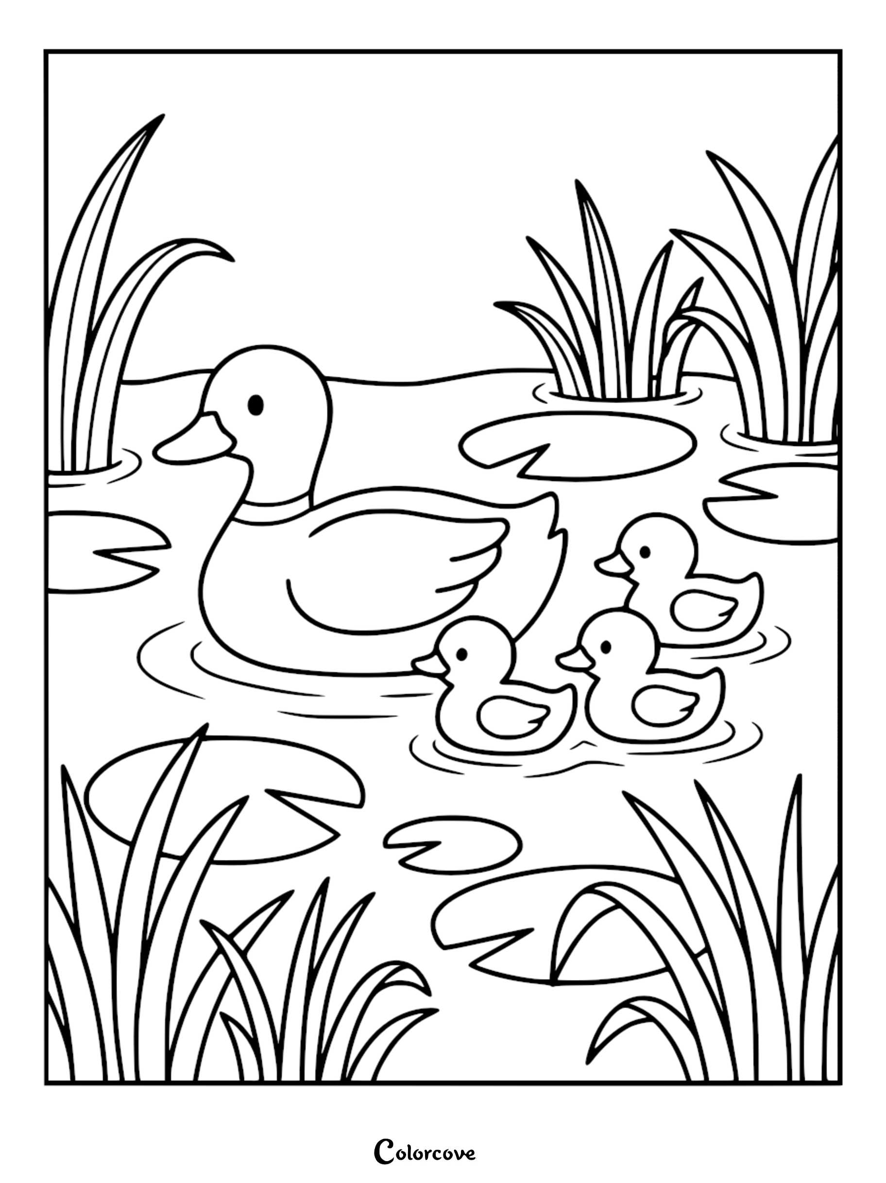 Mommy duck leading three baby ducklings through a pond filled with water lilies and tall grass, printable coloring page.