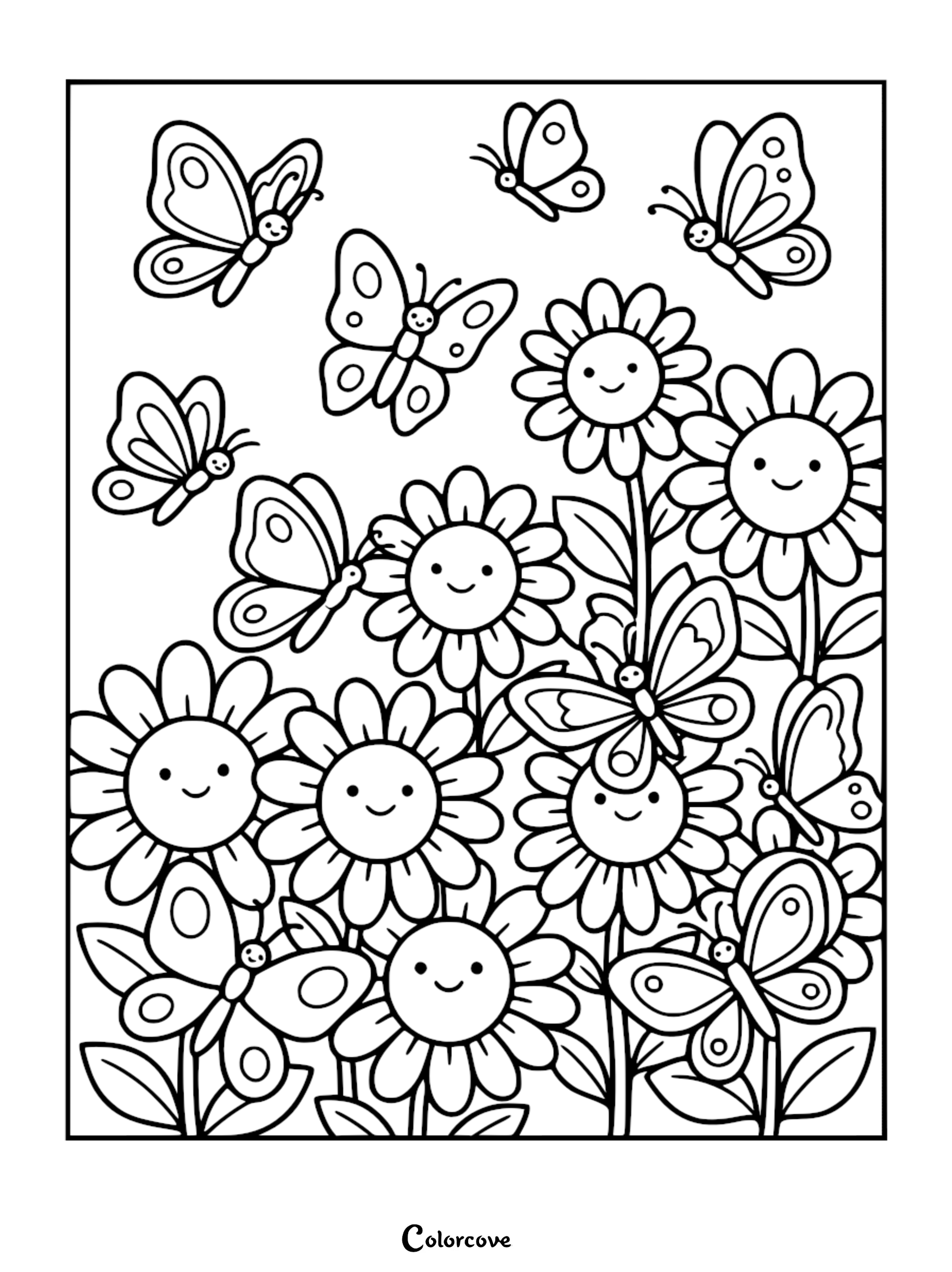 A whimsical coloring page featuring smiling daisies and cute butterflies flying in a garden scene.